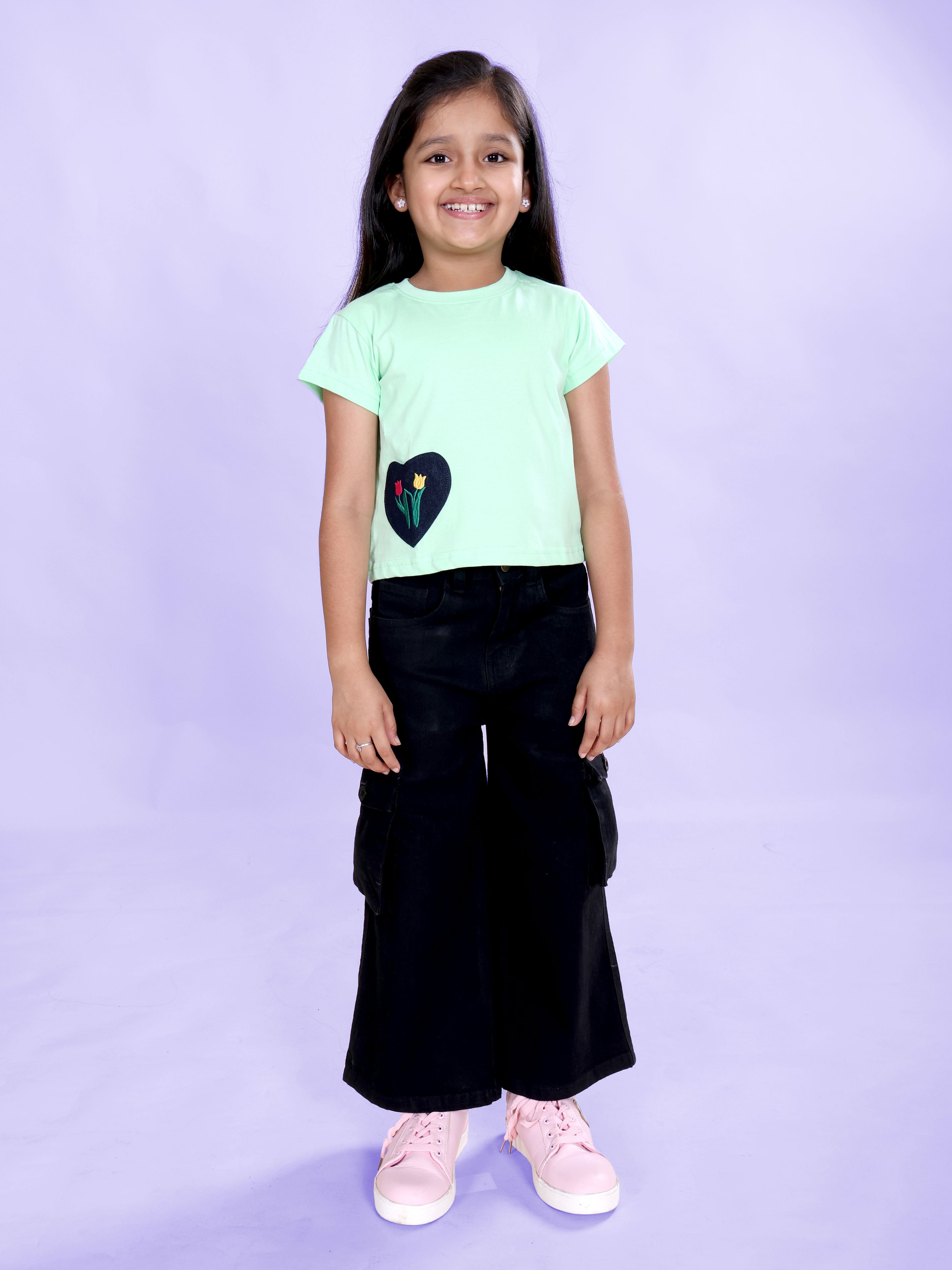 Girls Cotton Knit Half Sleeves Heart Applique Tee & Denim Woven Flared Utility Cargo Jeans Co Ord Set