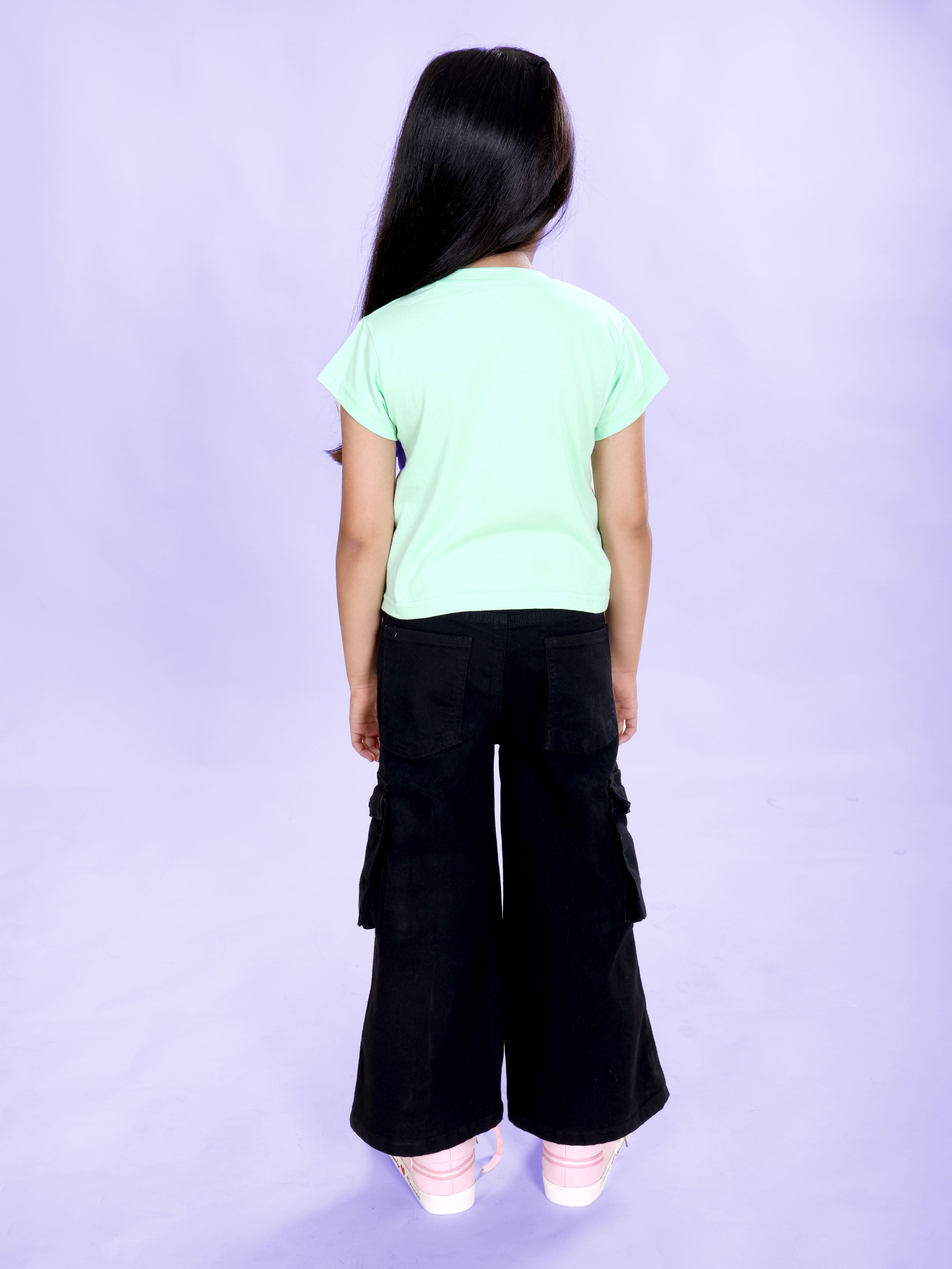 Girls Cotton Knit Half Sleeves Heart Applique Tee & Denim Woven Flared Utility Cargo Jeans Co Ord Set