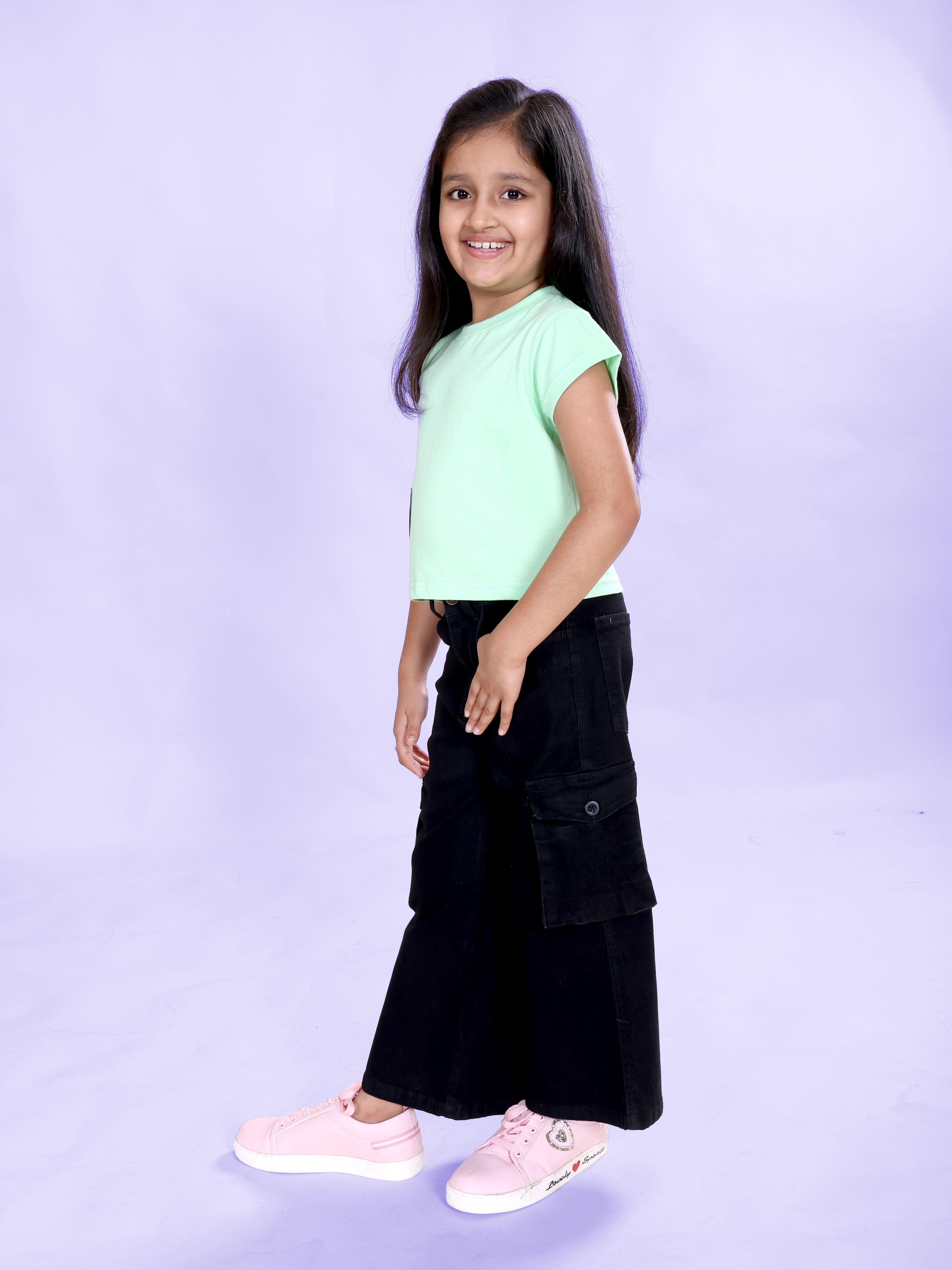 Girls Cotton Knit Half Sleeves Heart Applique Tee & Denim Woven Flared Utility Cargo Jeans Co Ord Set