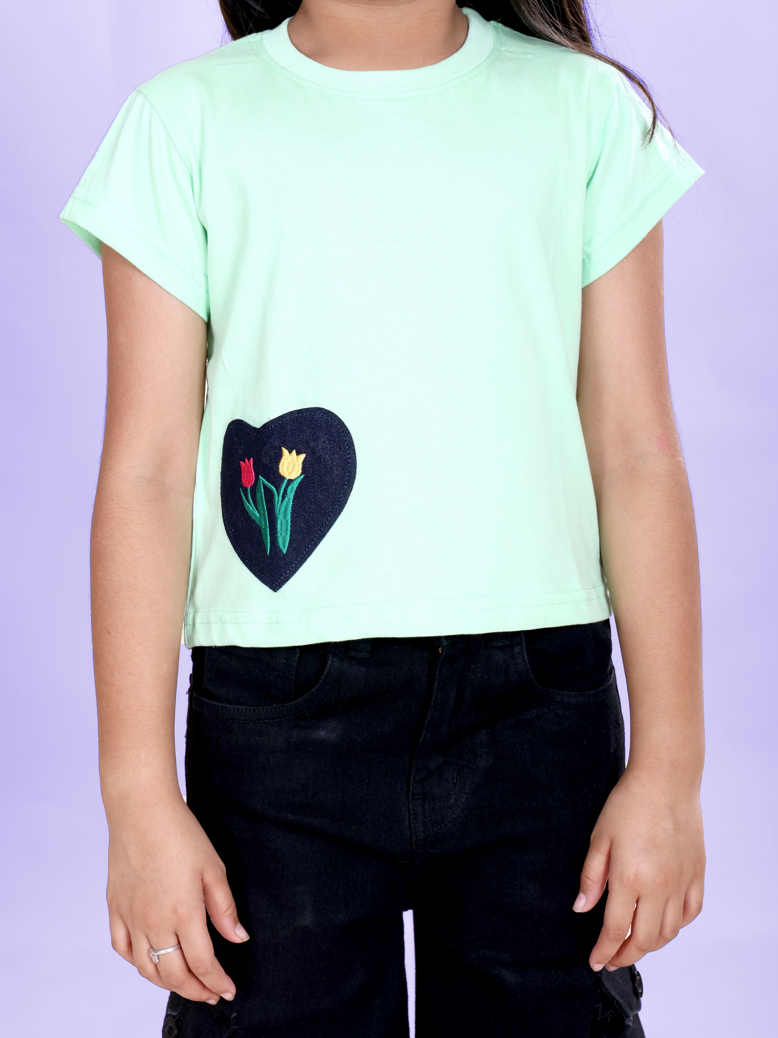 Girls Cotton Knit Half Sleeves Heart Applique Tee & Denim Woven Flared Utility Cargo Jeans Co Ord Set