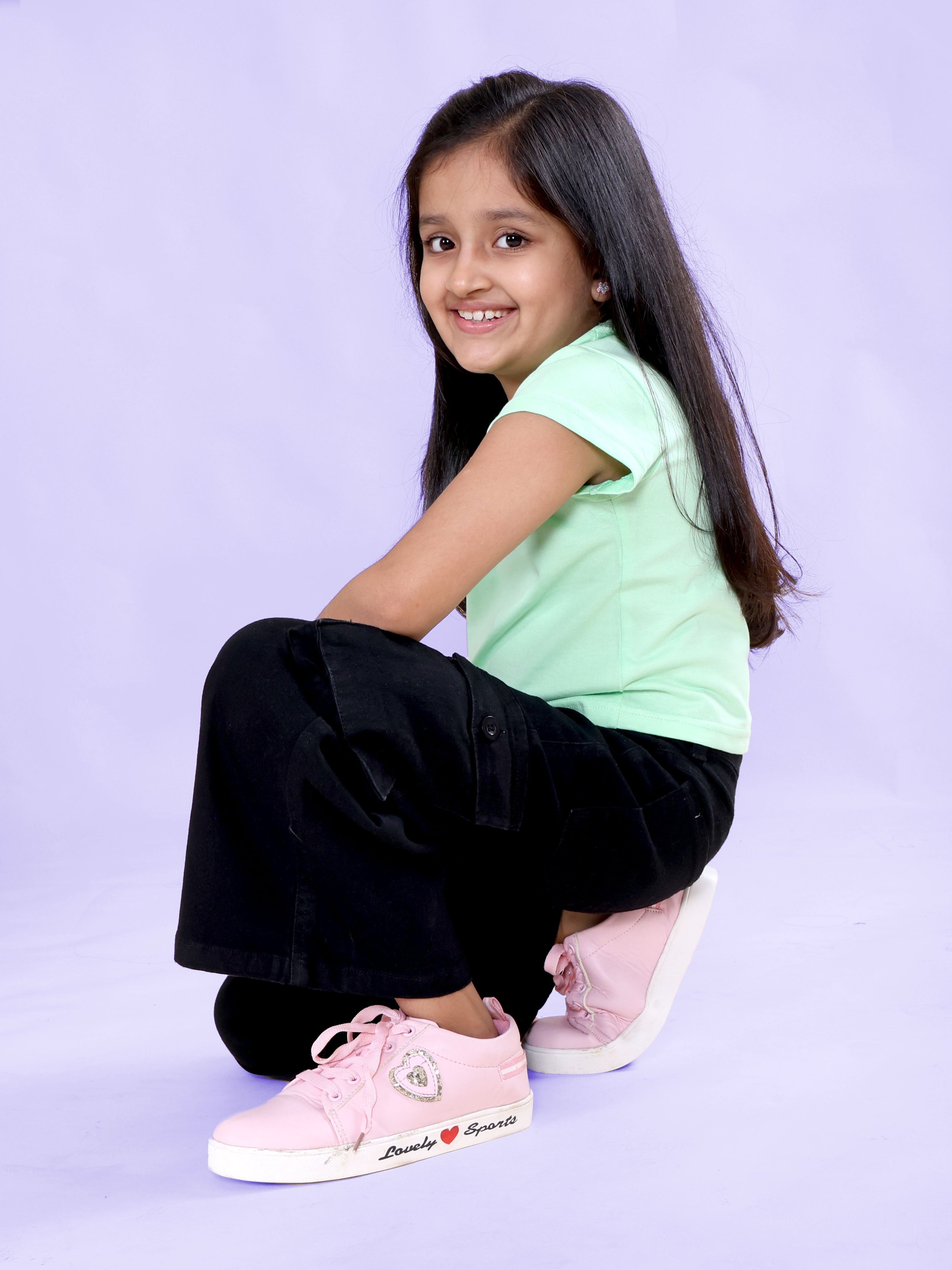 Girls Cotton Knit Half Sleeves Heart Applique Tee & Denim Woven Flared Utility Cargo Jeans Co Ord Set