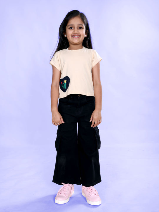 Girls Cotton Knit Half Sleeves Heart Applique Tee & Denim Woven Flared Utility Cargo Jeans Co Ord Set