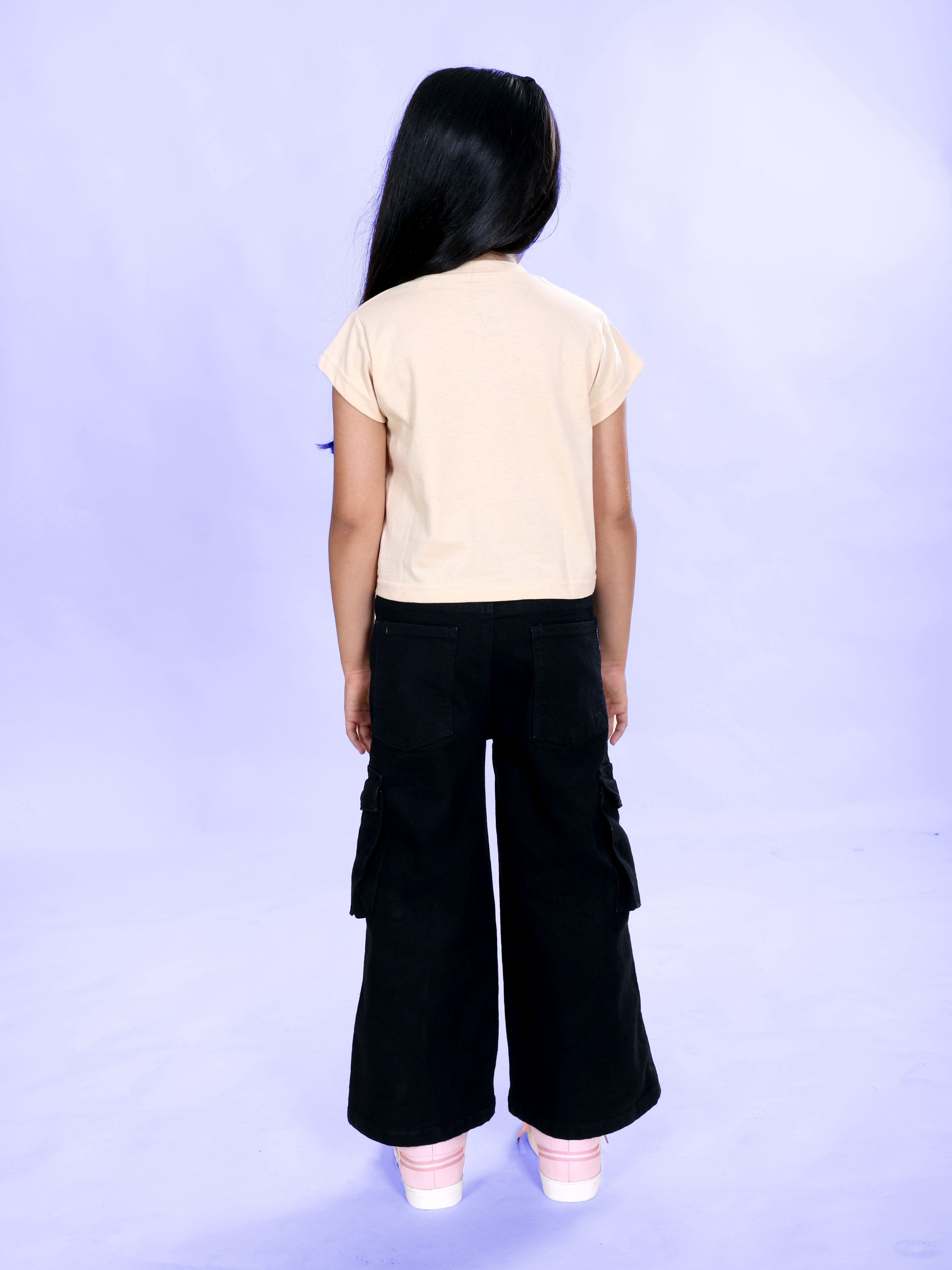 Girls Cotton Knit Half Sleeves Heart Applique Tee & Denim Woven Flared Utility Cargo Jeans Co Ord Set