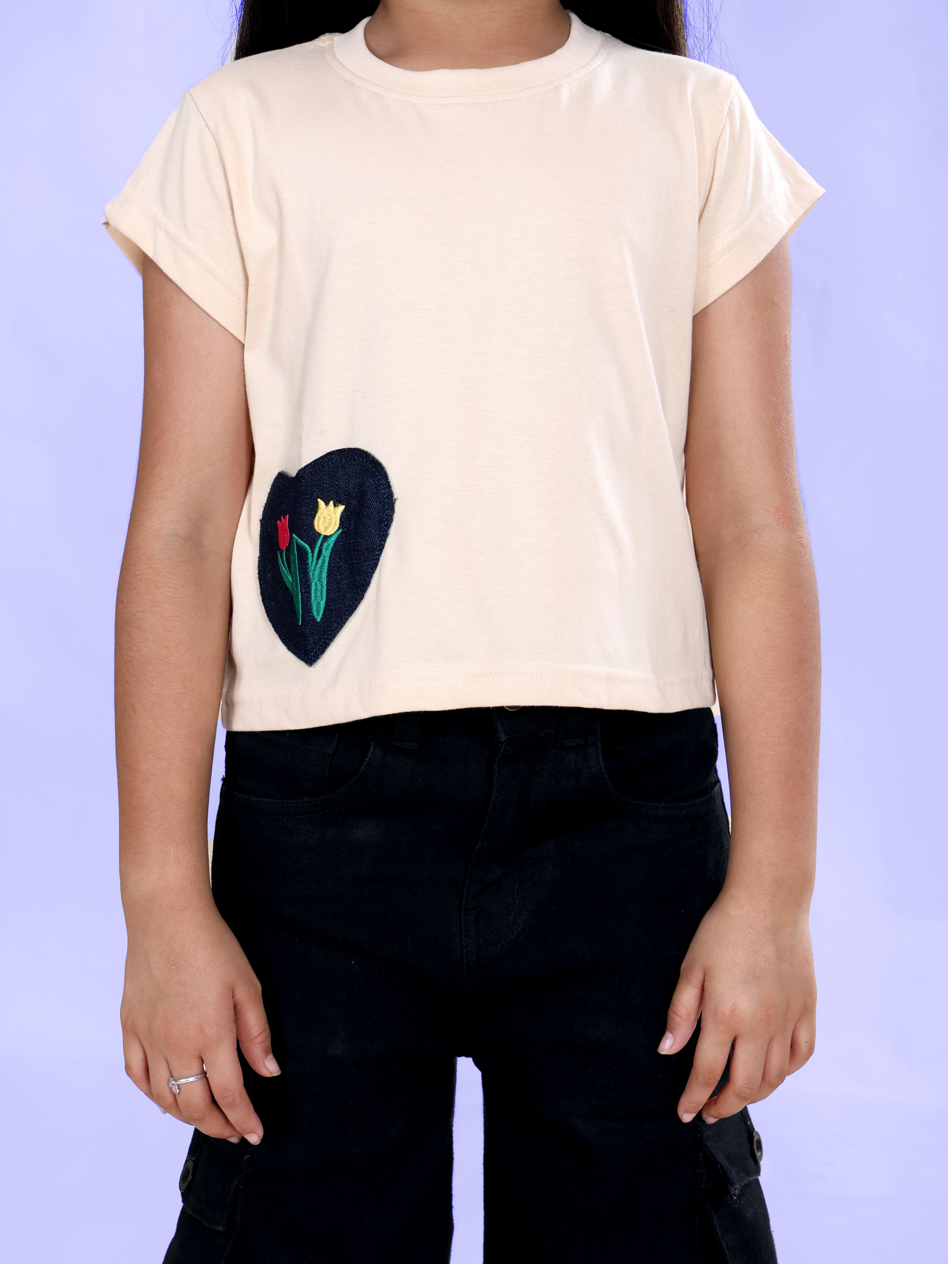 Girls Cotton Knit Half Sleeves Heart Applique Tee & Denim Woven Flared Utility Cargo Jeans Co Ord Set