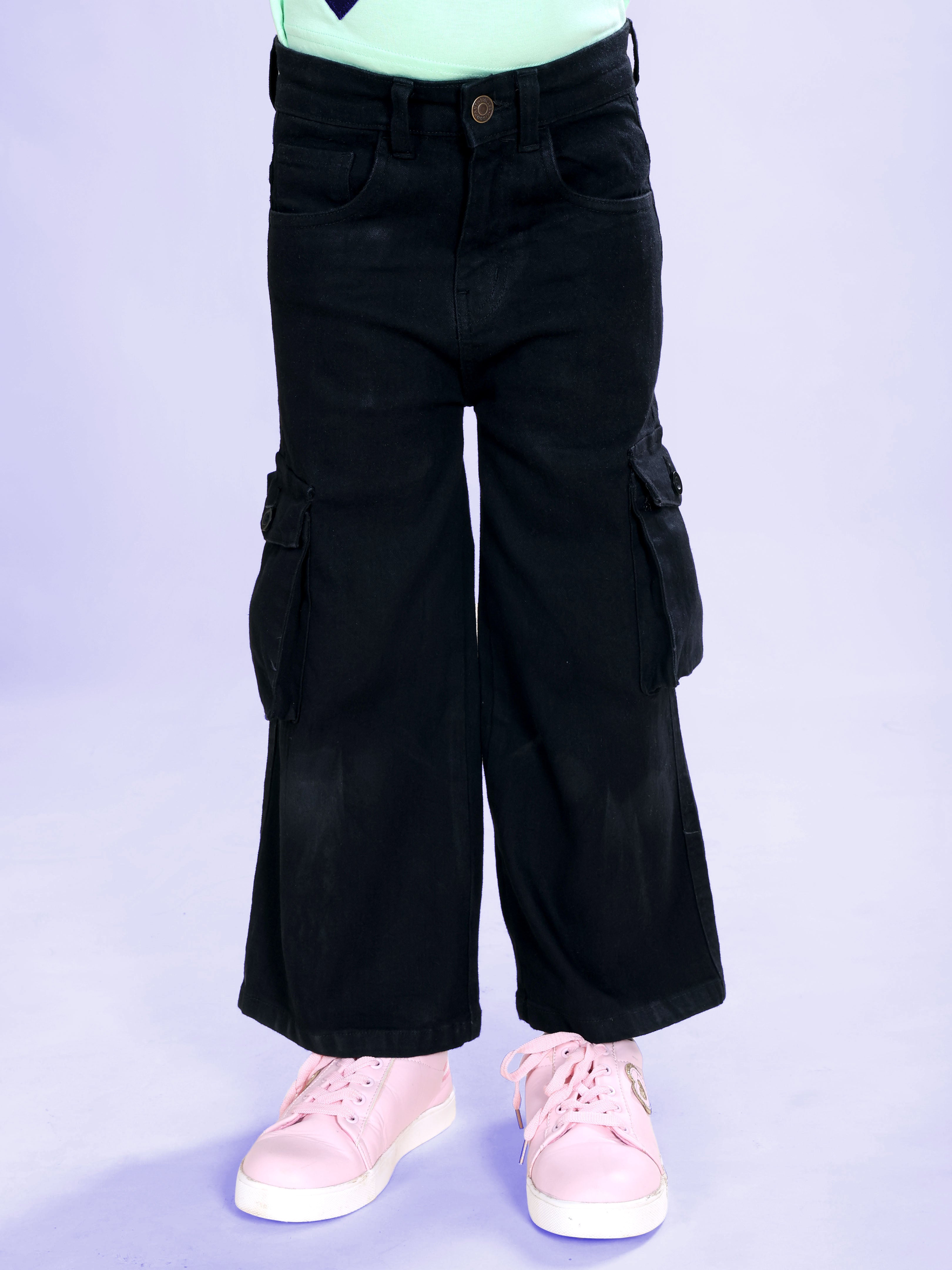 Girls Cotton Knit Half Sleeves Heart Applique Tee & Denim Woven Flared Utility Cargo Jeans Co Ord Set