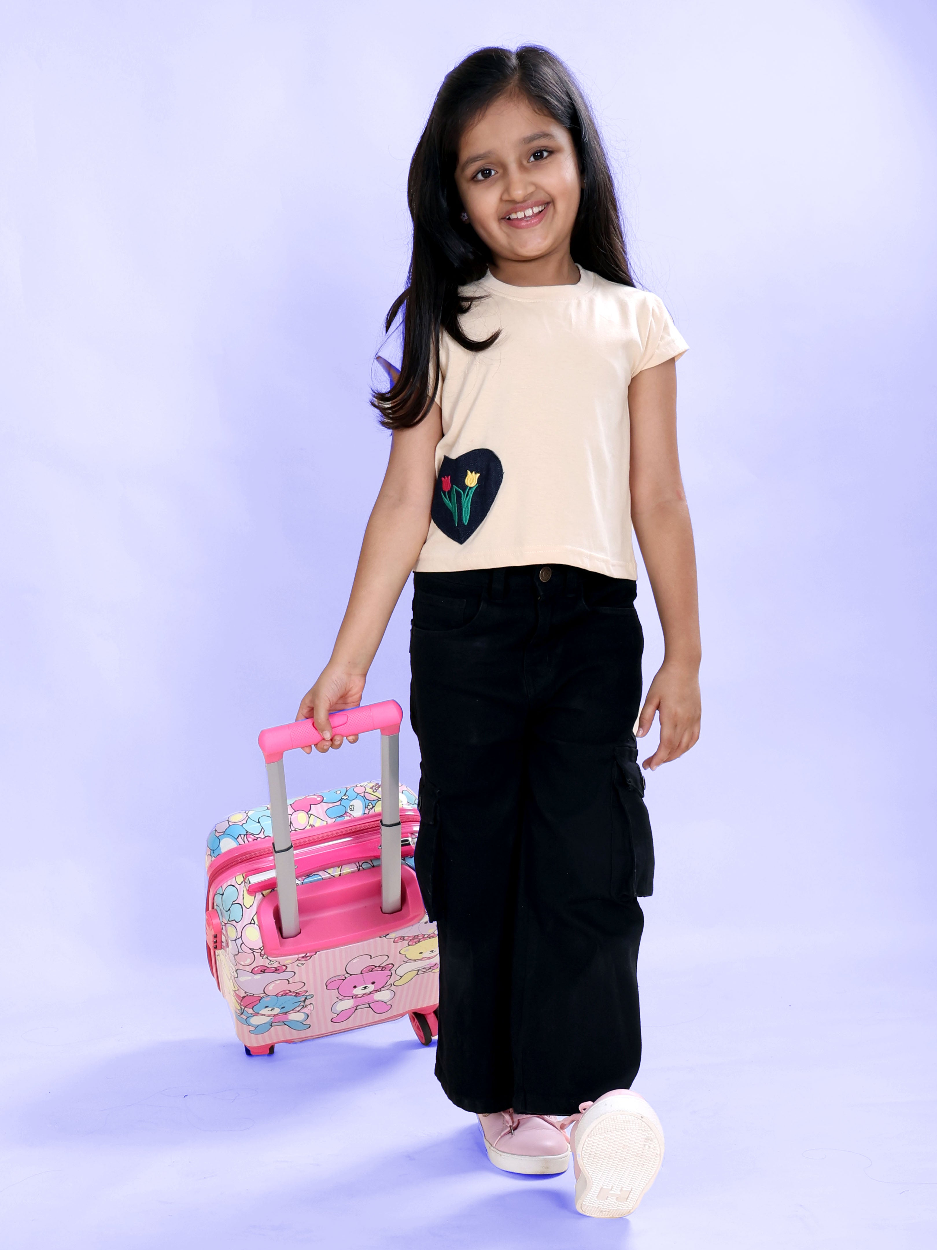 Girls Cotton Knit Half Sleeves Heart Applique Tee & Denim Woven Flared Utility Cargo Jeans Co Ord Set