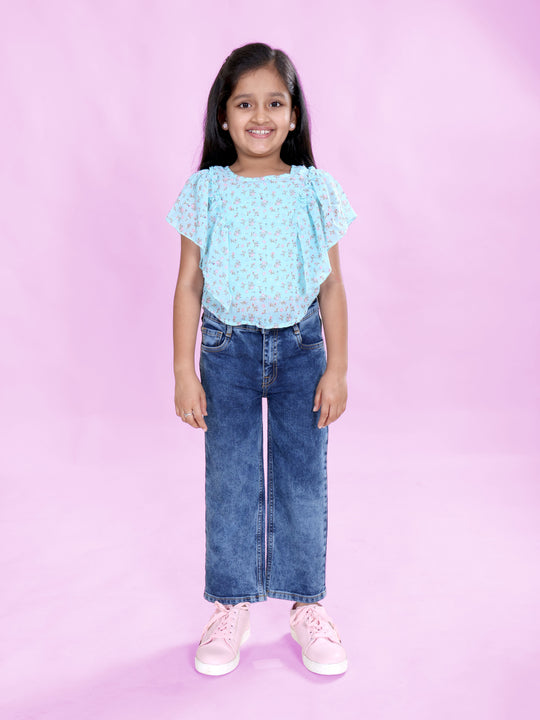 Girls Georgette Woven Sleeveless Frill Shoulder Floral Printed Top & Denim Woven Solid Jeans Co Ord Set