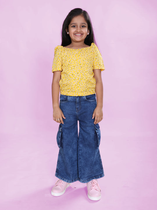 Girls Georgette Woven Ruched Sleeves Floral Printed Top & Denim Woven Flared Utility Cargo Jeans Co Ord Set