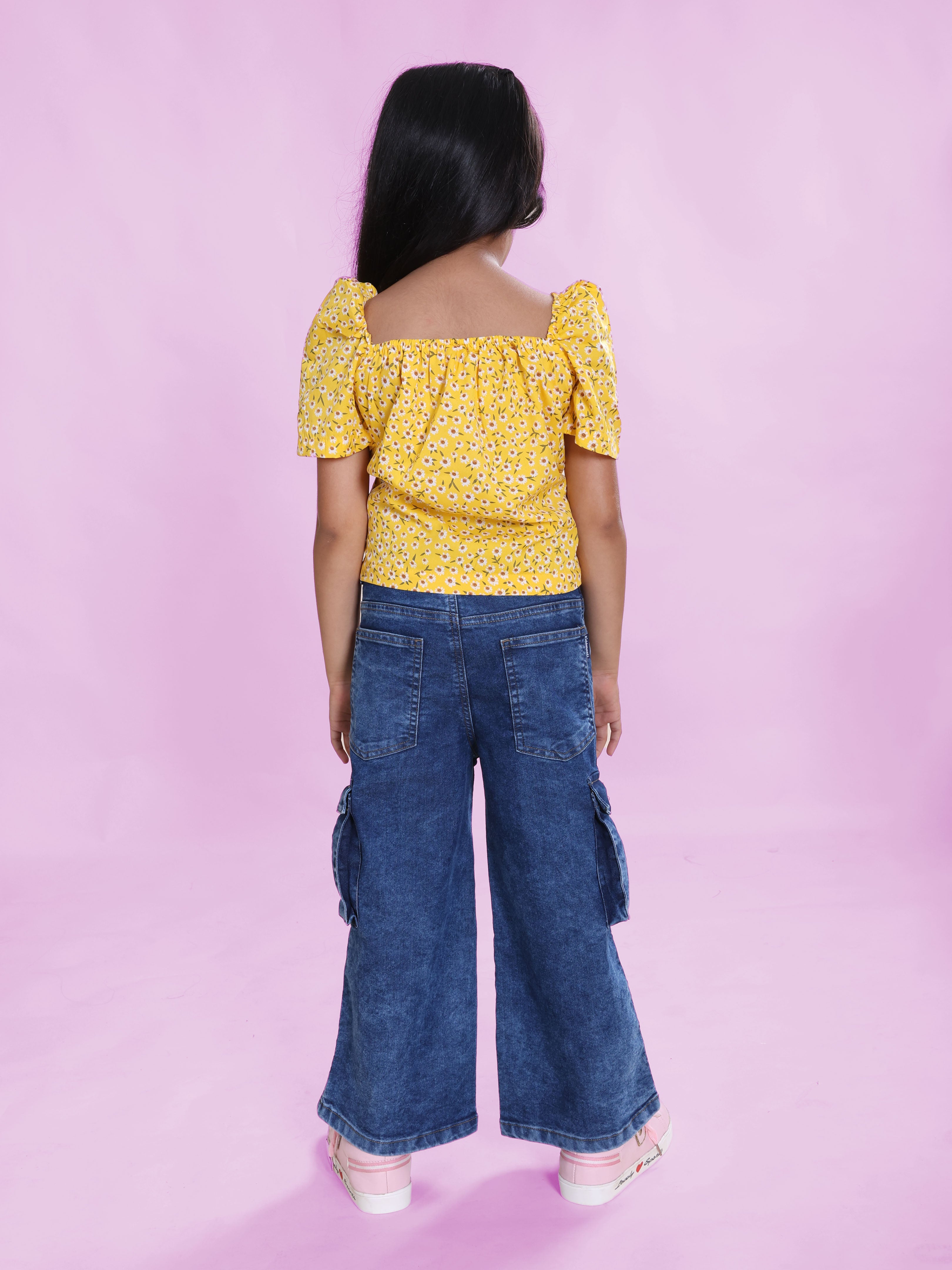 Girls Georgette Woven Ruched Sleeves Floral Printed Top & Denim Woven Flared Utility Cargo Jeans Co Ord Set