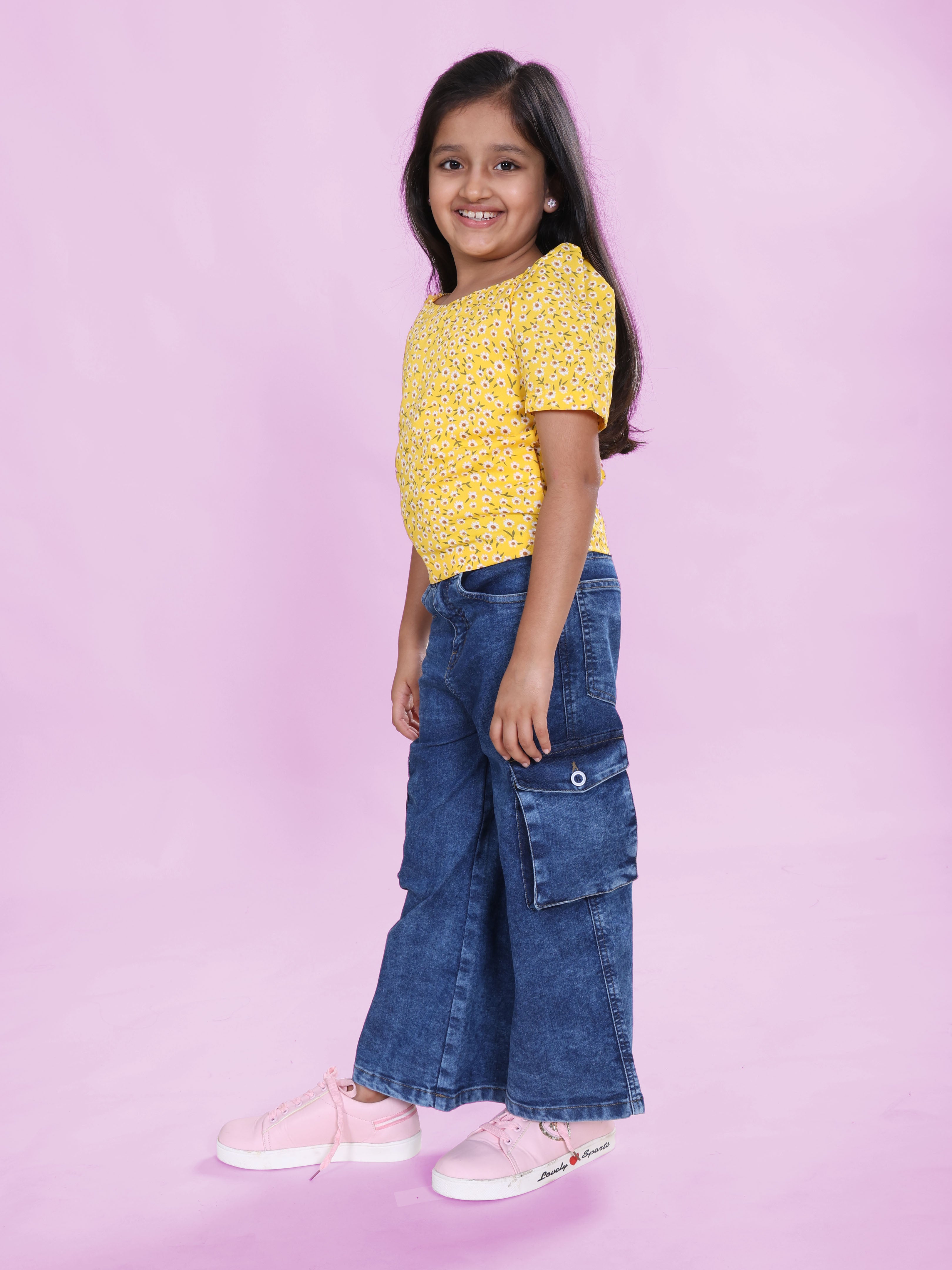 Girls Georgette Woven Ruched Sleeves Floral Printed Top & Denim Woven Flared Utility Cargo Jeans Co Ord Set