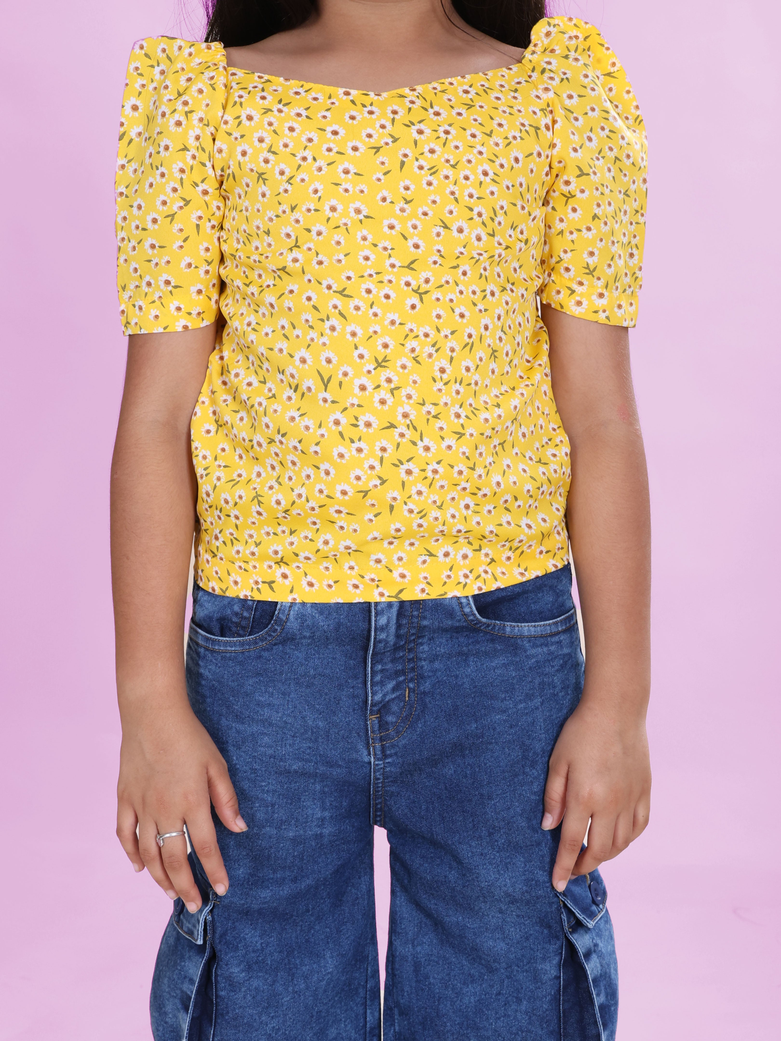 Girls Georgette Woven Ruched Sleeves Floral Printed Top & Denim Woven Flared Utility Cargo Jeans Co Ord Set