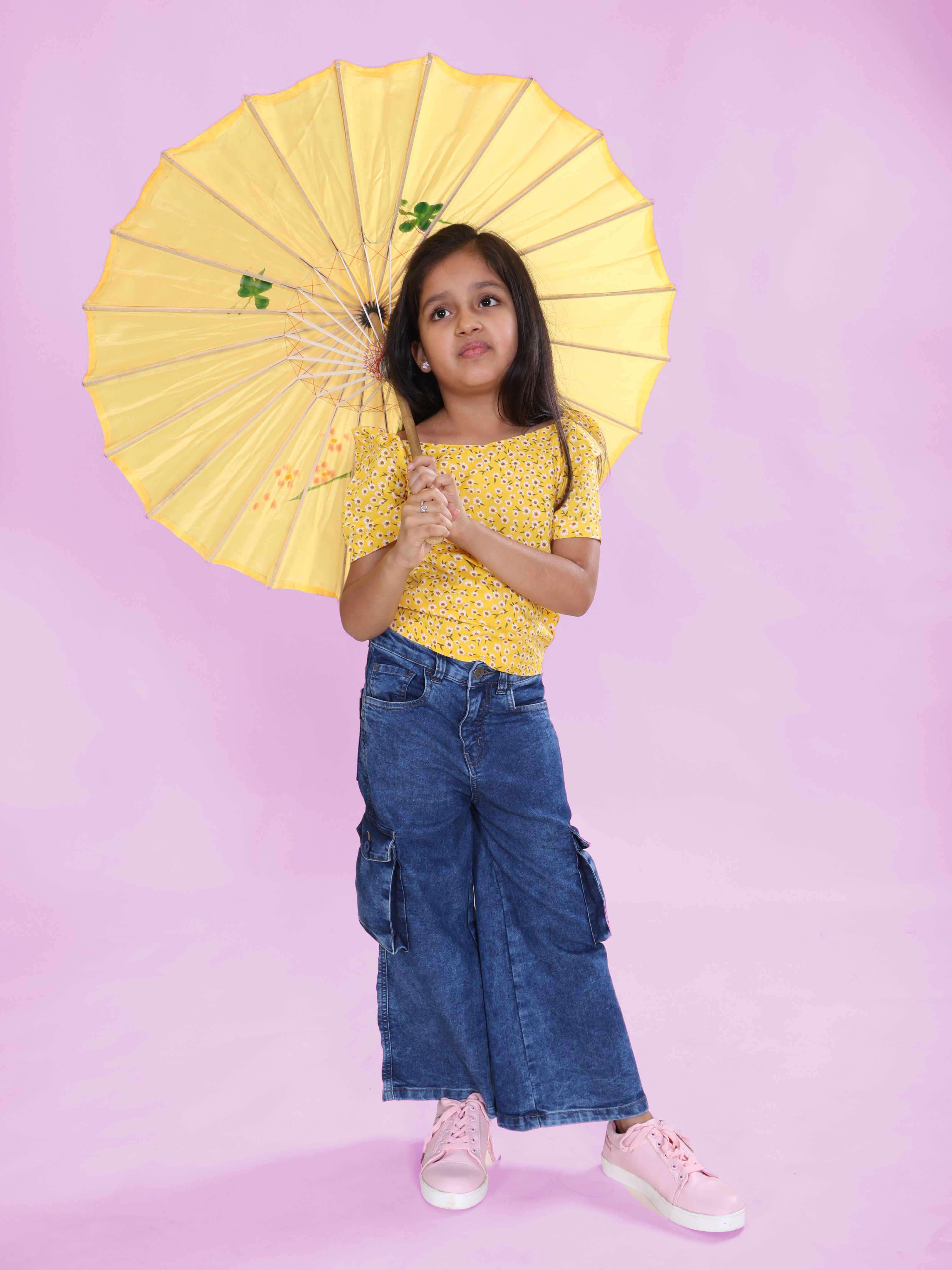 Girls Georgette Woven Ruched Sleeves Floral Printed Top & Denim Woven Flared Utility Cargo Jeans Co Ord Set