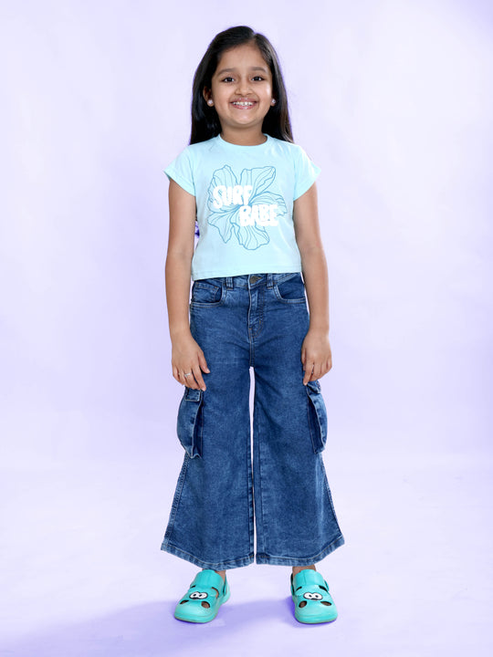 Girls Cotton Knit Half Sleeves Surf Babe Printed Tee  & Denim Woven Flared Solid Utility Cargo Jeans Co Ord Set