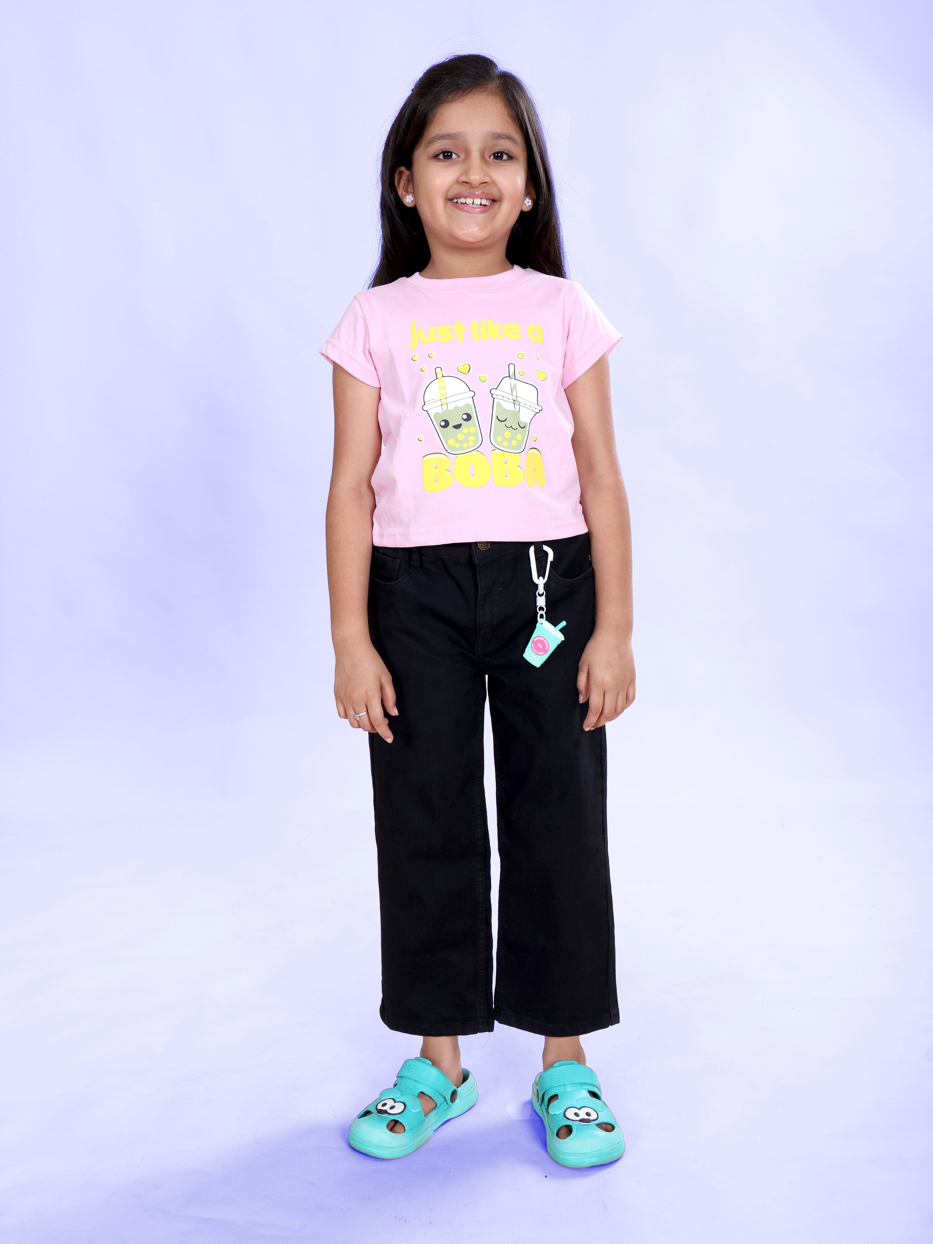 Girls Cotton Knit Half Sleeves Boba Printed Tee  & Denim Woven Solid Jeans With Tea Keychain Co Ord Set