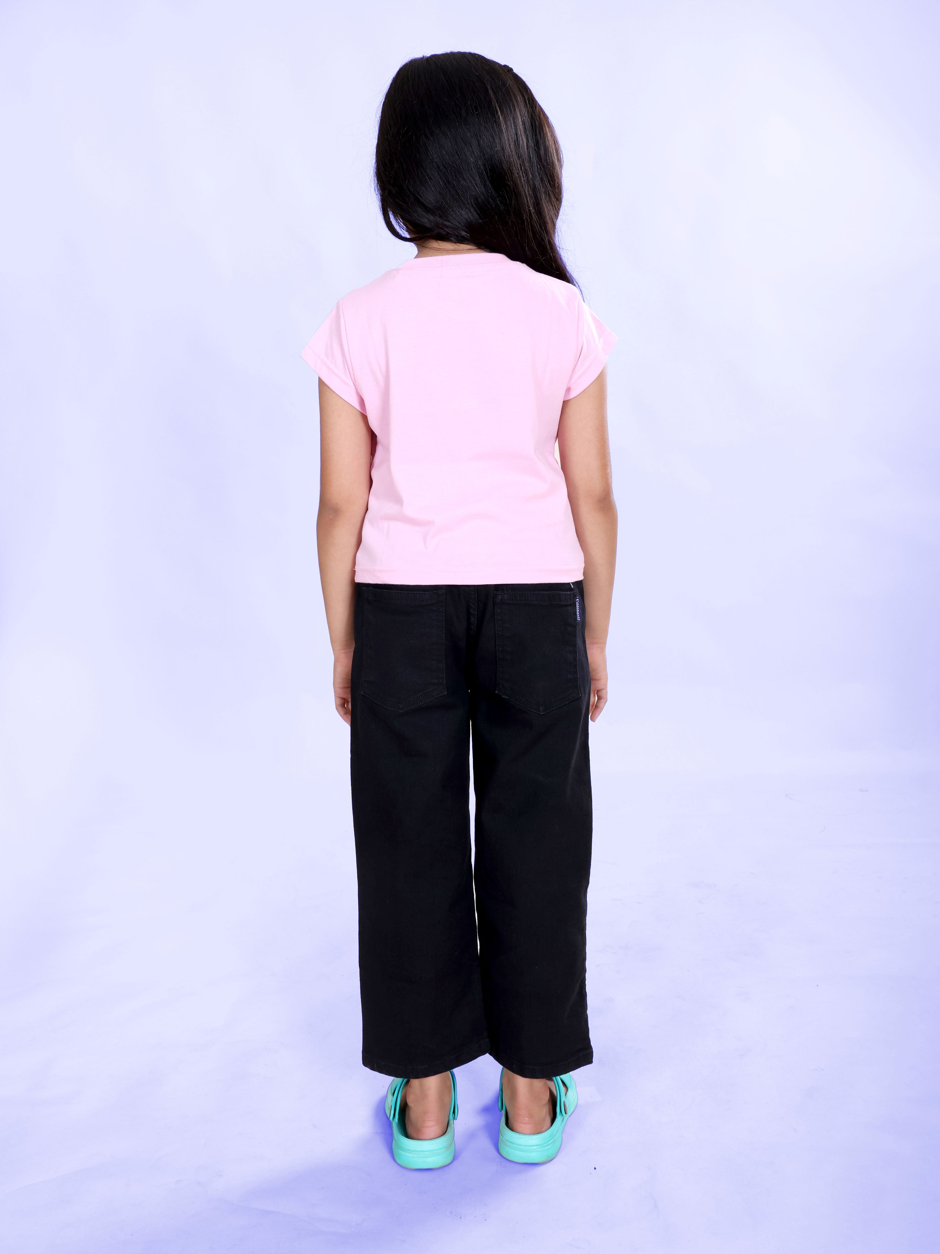 Girls Cotton Knit Half Sleeves Boba Printed Tee  & Denim Woven Solid Jeans With Tea Keychain Co Ord Set