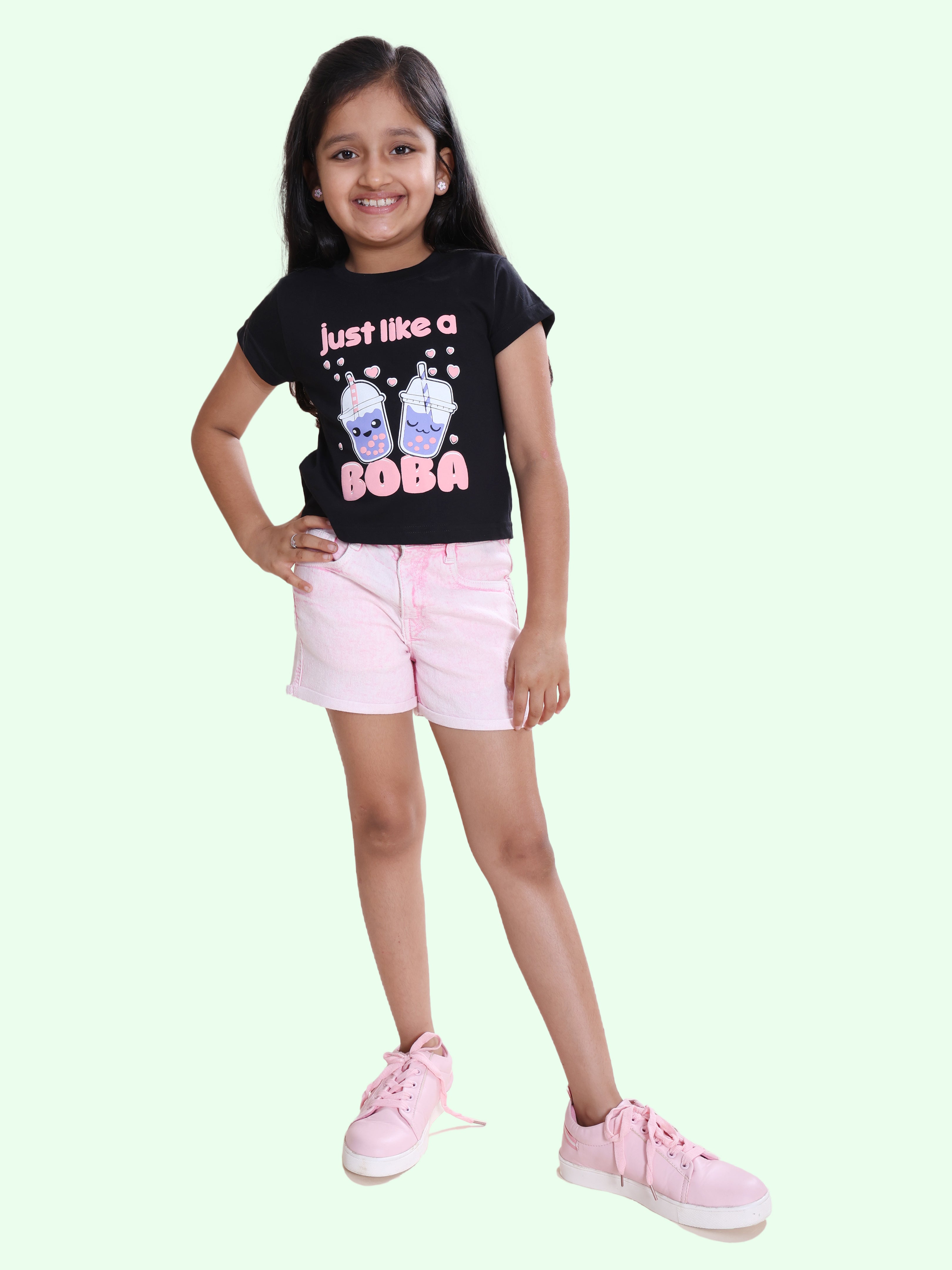 Girls Cotton Knit Half Sleeves Boba Printed Tee & Roll Up Denim Shorts Set