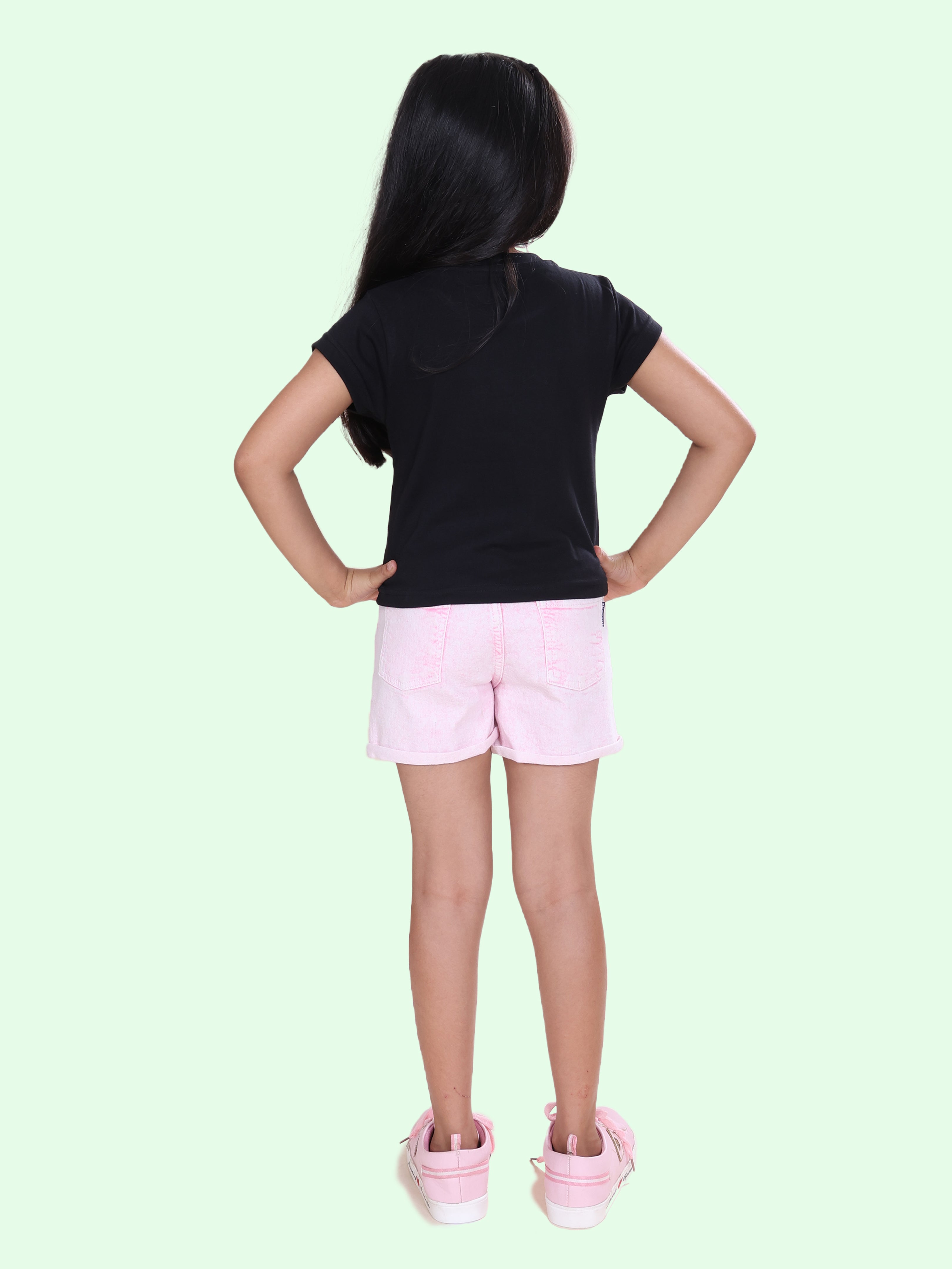 Girls Cotton Knit Half Sleeves Boba Printed Tee & Roll Up Denim Shorts Set