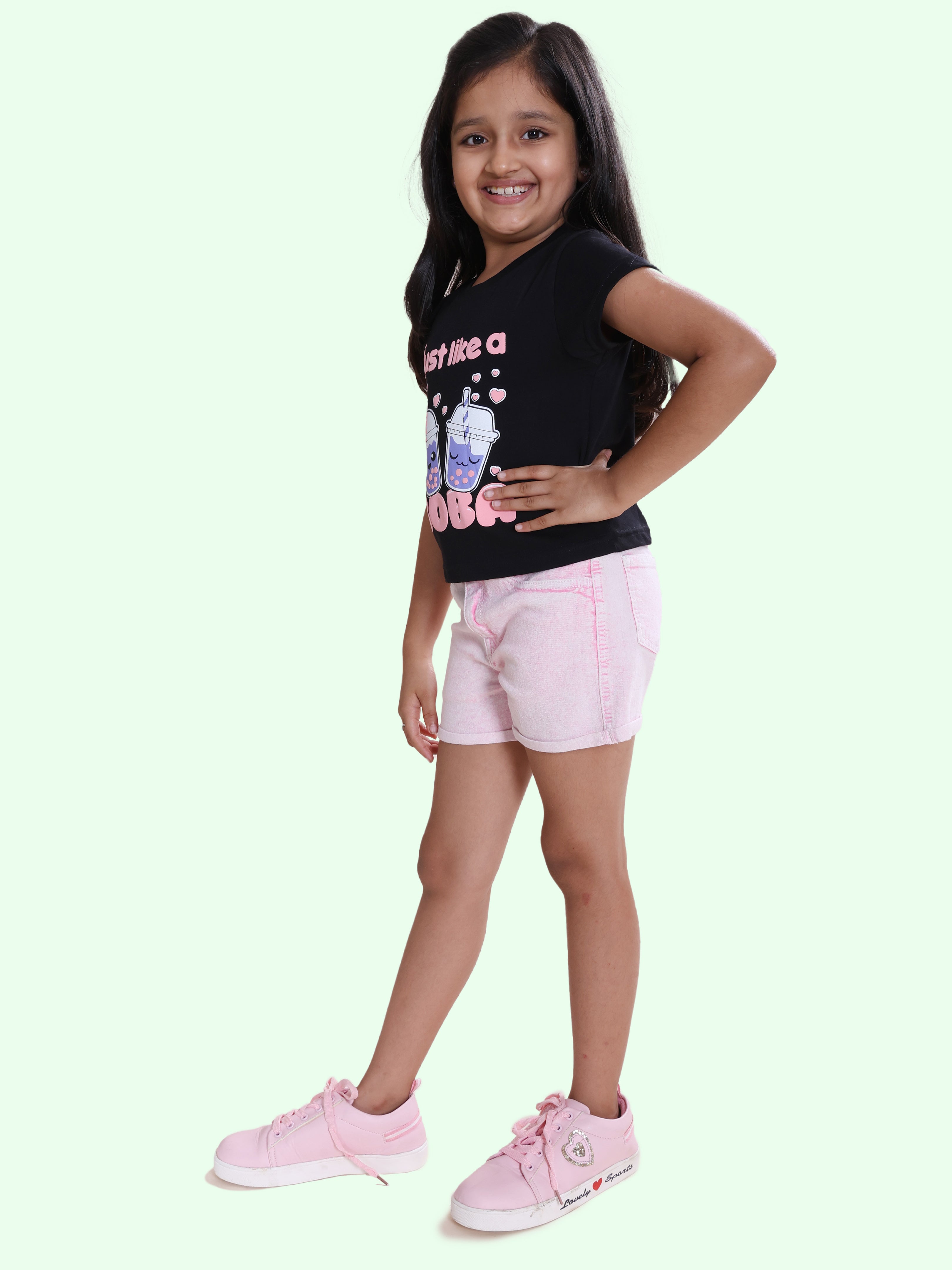 Girls Cotton Knit Half Sleeves Boba Printed Tee & Roll Up Denim Shorts Set