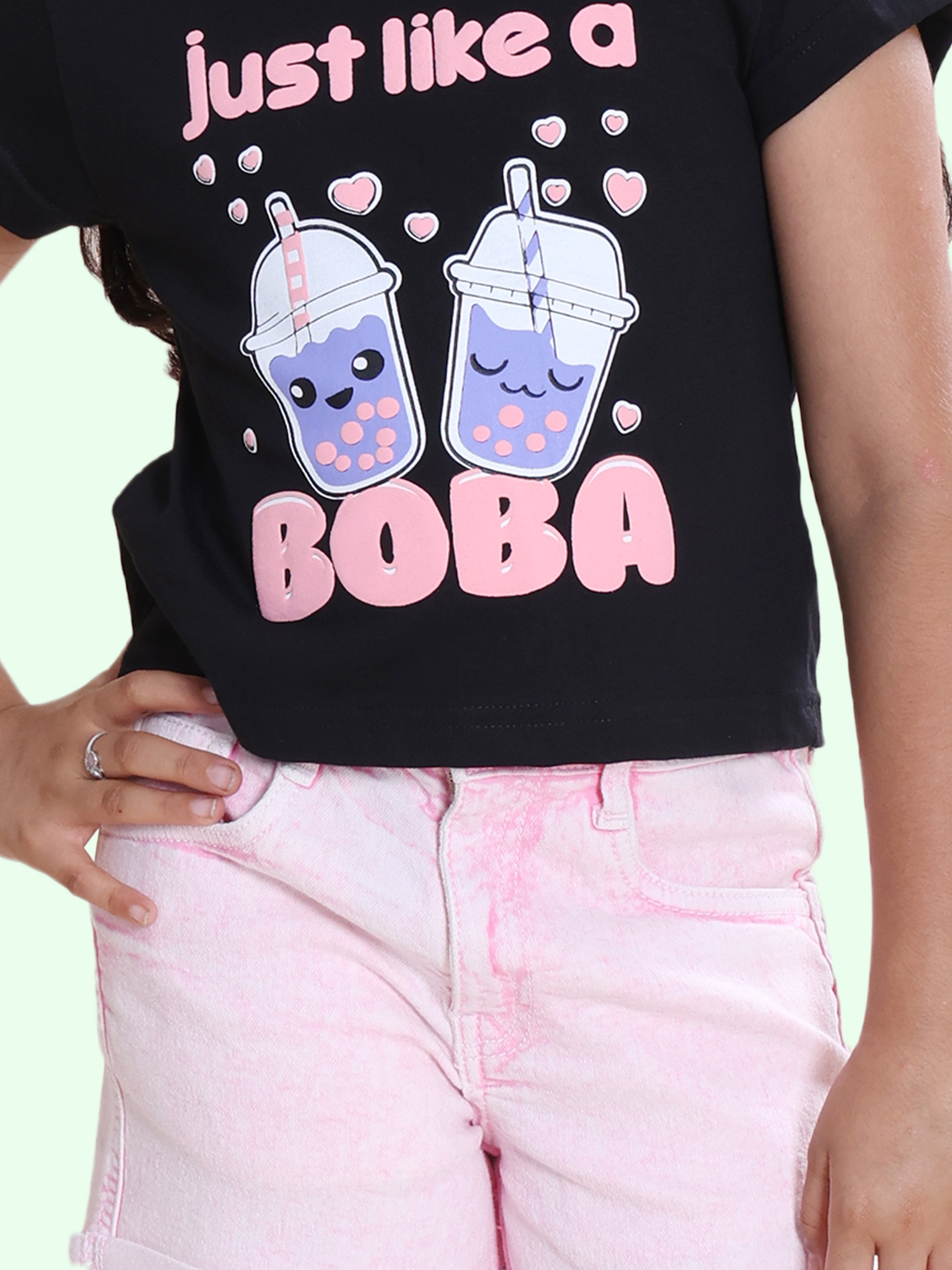 Girls Cotton Knit Half Sleeves Boba Printed Tee & Roll Up Denim Shorts Set