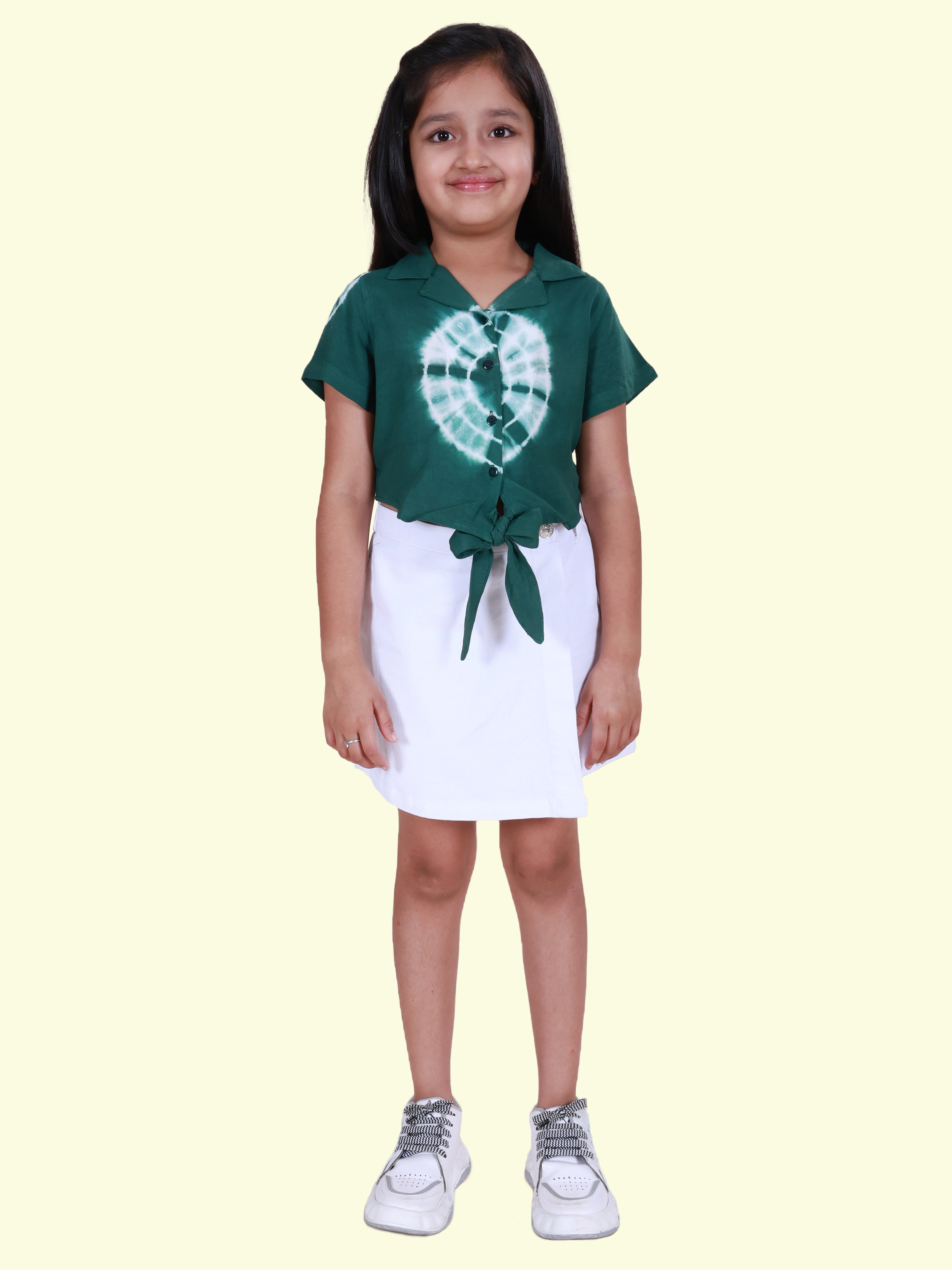 Girls Rayon Woven Half Sleeves Tie-Dye Printed Front Knot Shirt & Cotton Woven Solid Over Lap Skort Co-Ord Set