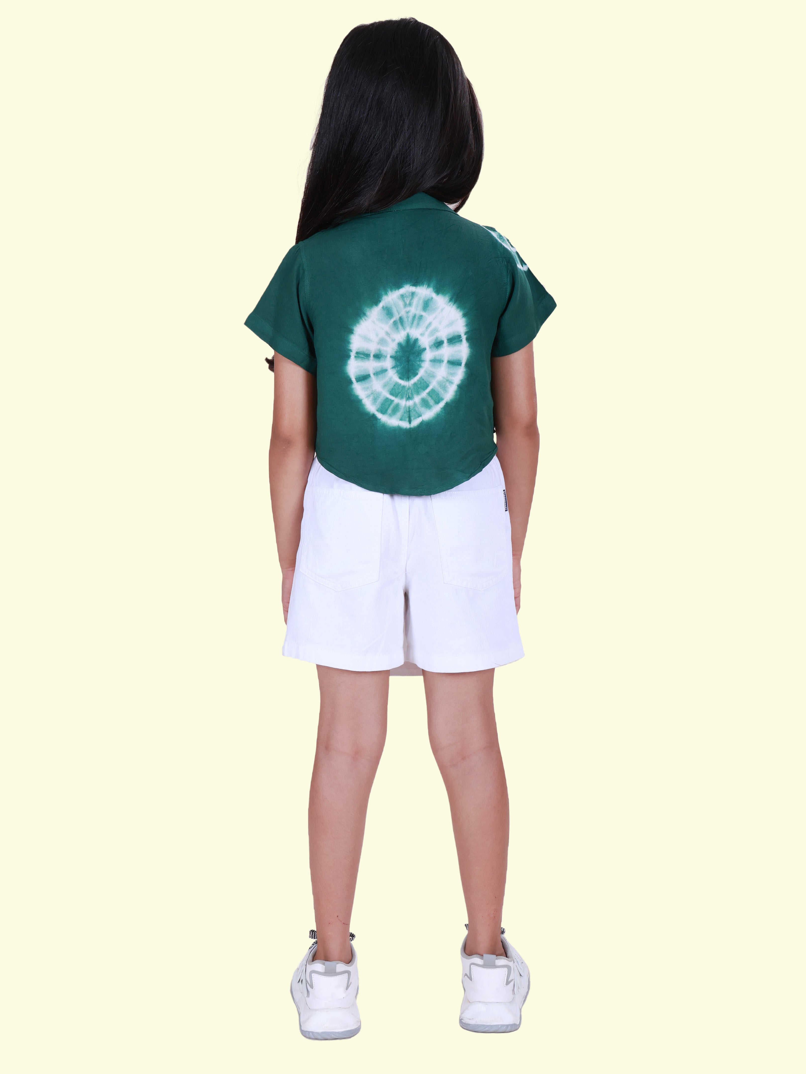 Girls Rayon Woven Half Sleeves Tie-Dye Printed Front Knot Shirt & Cotton Woven Solid Over Lap Skort Co-Ord Set