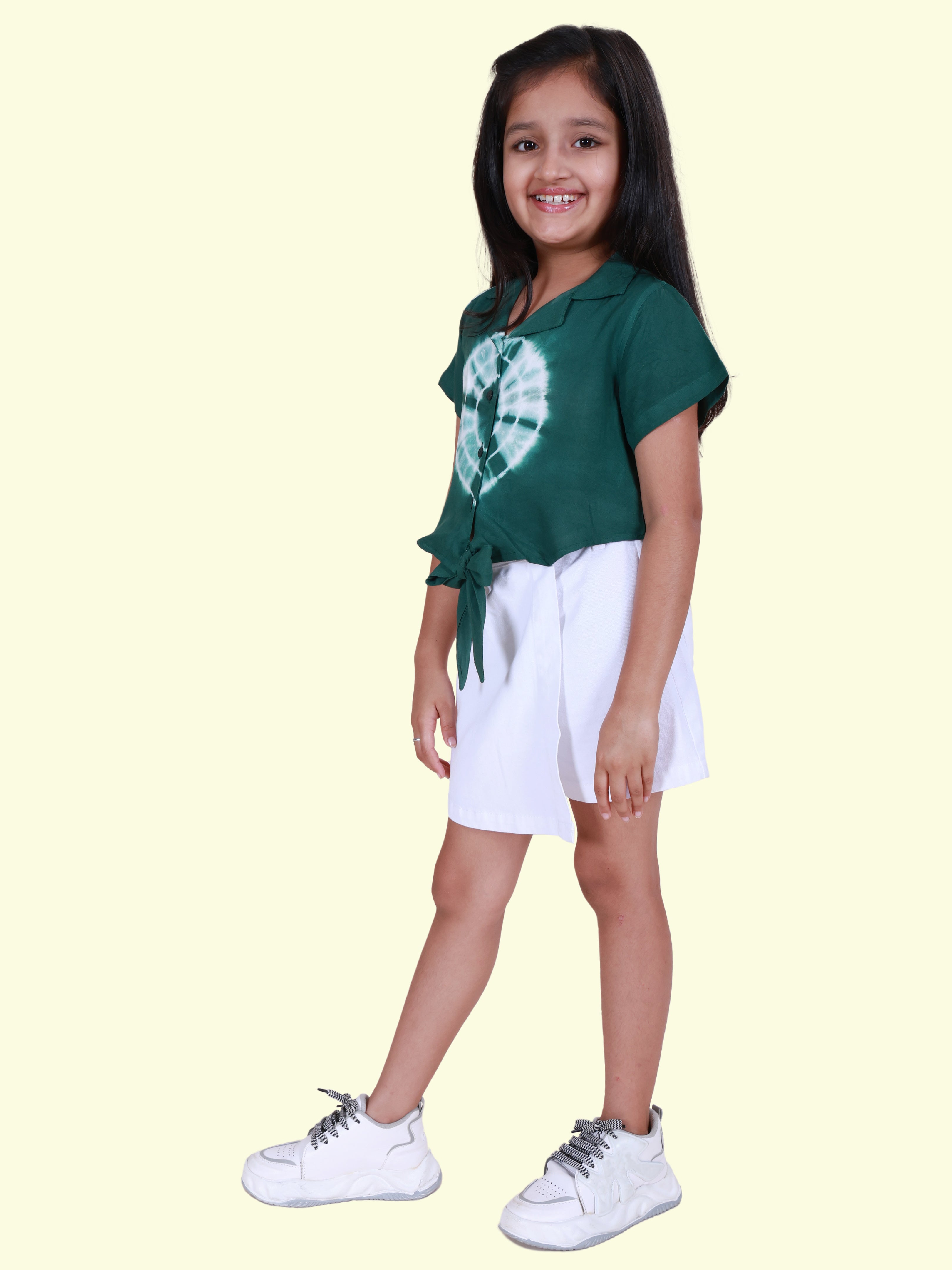 Girls Rayon Woven Half Sleeves Tie-Dye Printed Front Knot Shirt & Cotton Woven Solid Over Lap Skort Co-Ord Set