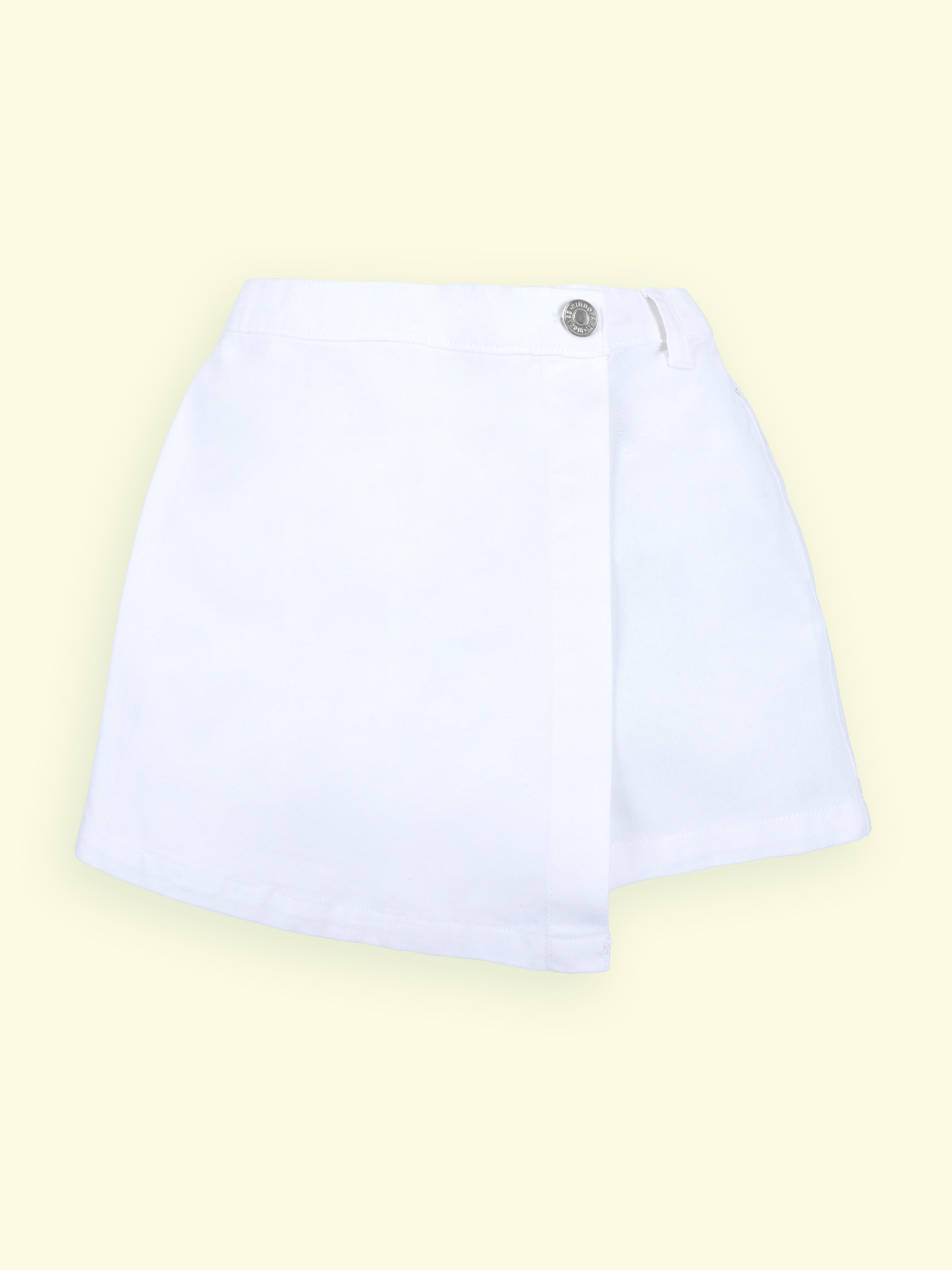 Girls Rayon Woven Half Sleeves Tie-Dye Printed Front Knot Shirt & Cotton Woven Solid Over Lap Skort Co-Ord Set