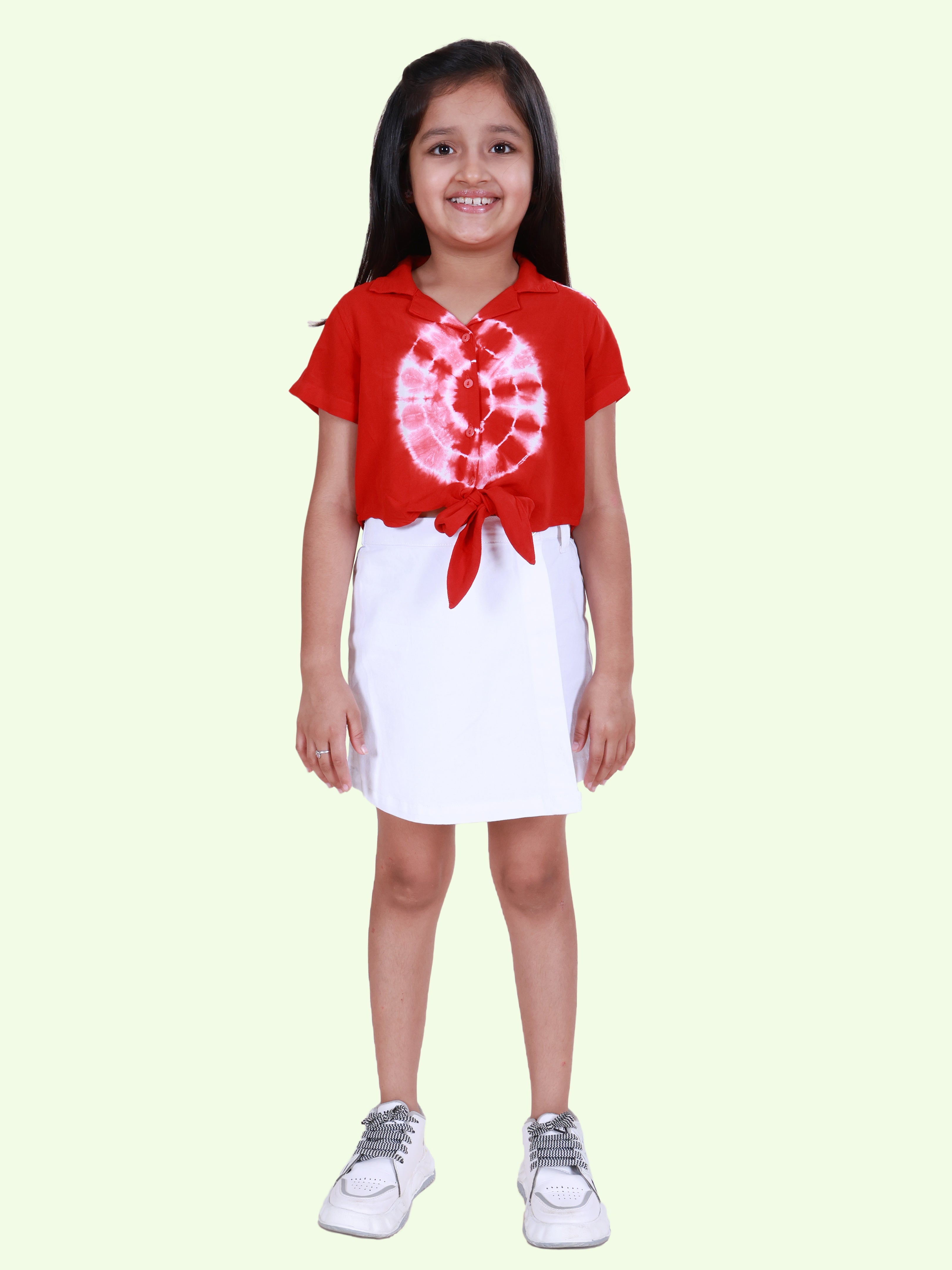 Girls Rayon Woven Half Sleeves Tie-Dye Printed Front Knot Shirt & Cotton Woven Solid Over Lap Skort Co-Ord Set