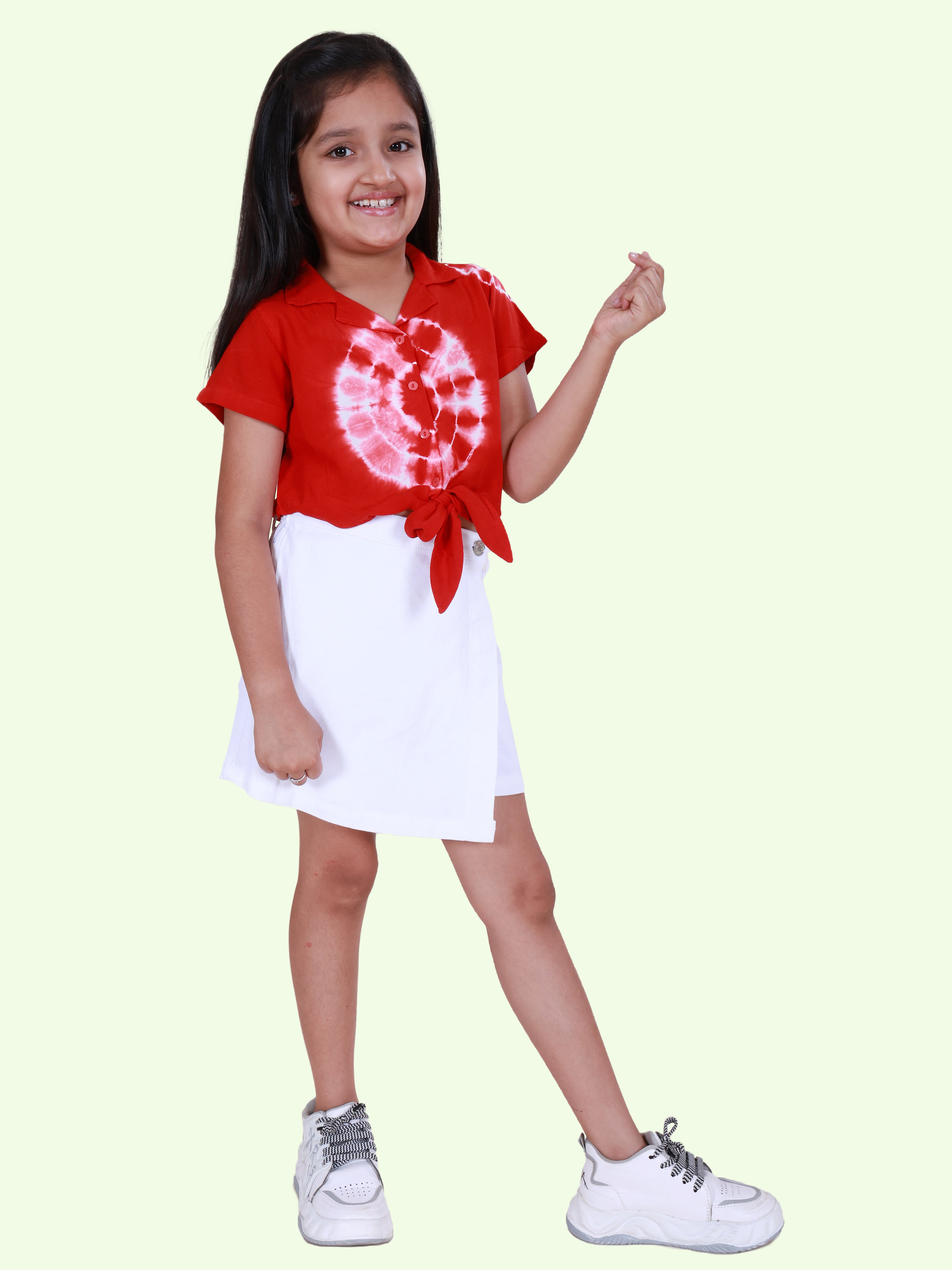 Girls Rayon Woven Half Sleeves Tie-Dye Printed Front Knot Shirt & Cotton Woven Solid Over Lap Skort Co-Ord Set