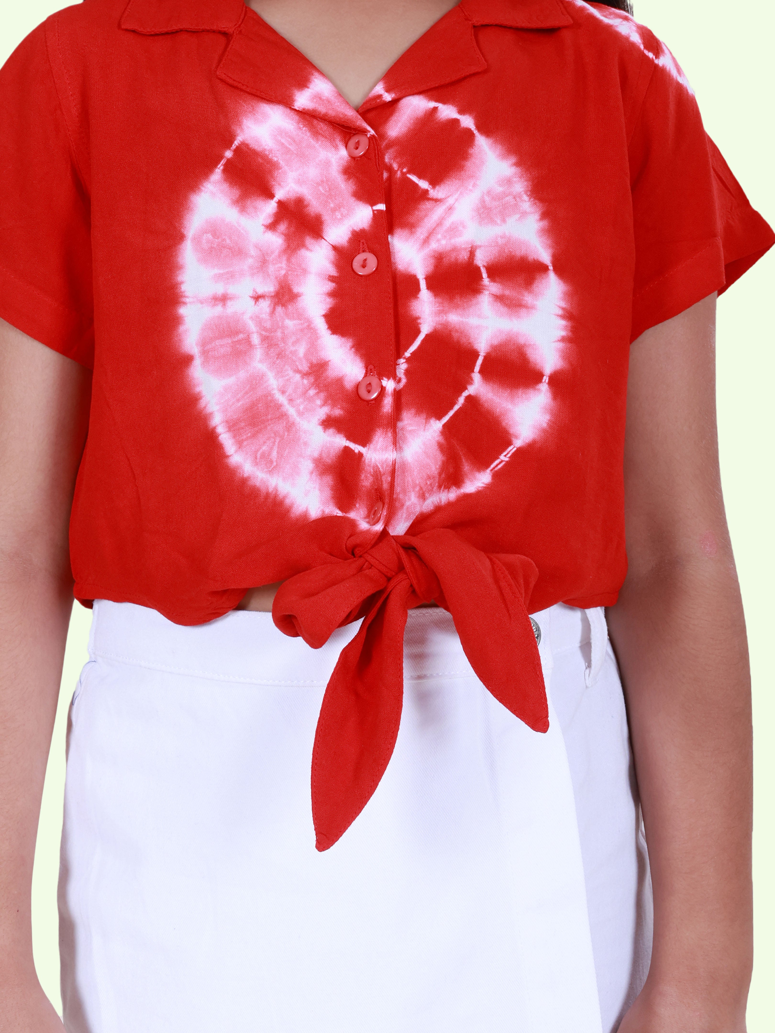 Girls Rayon Woven Half Sleeves Tie-Dye Printed Front Knot Shirt & Cotton Woven Solid Over Lap Skort Co-Ord Set