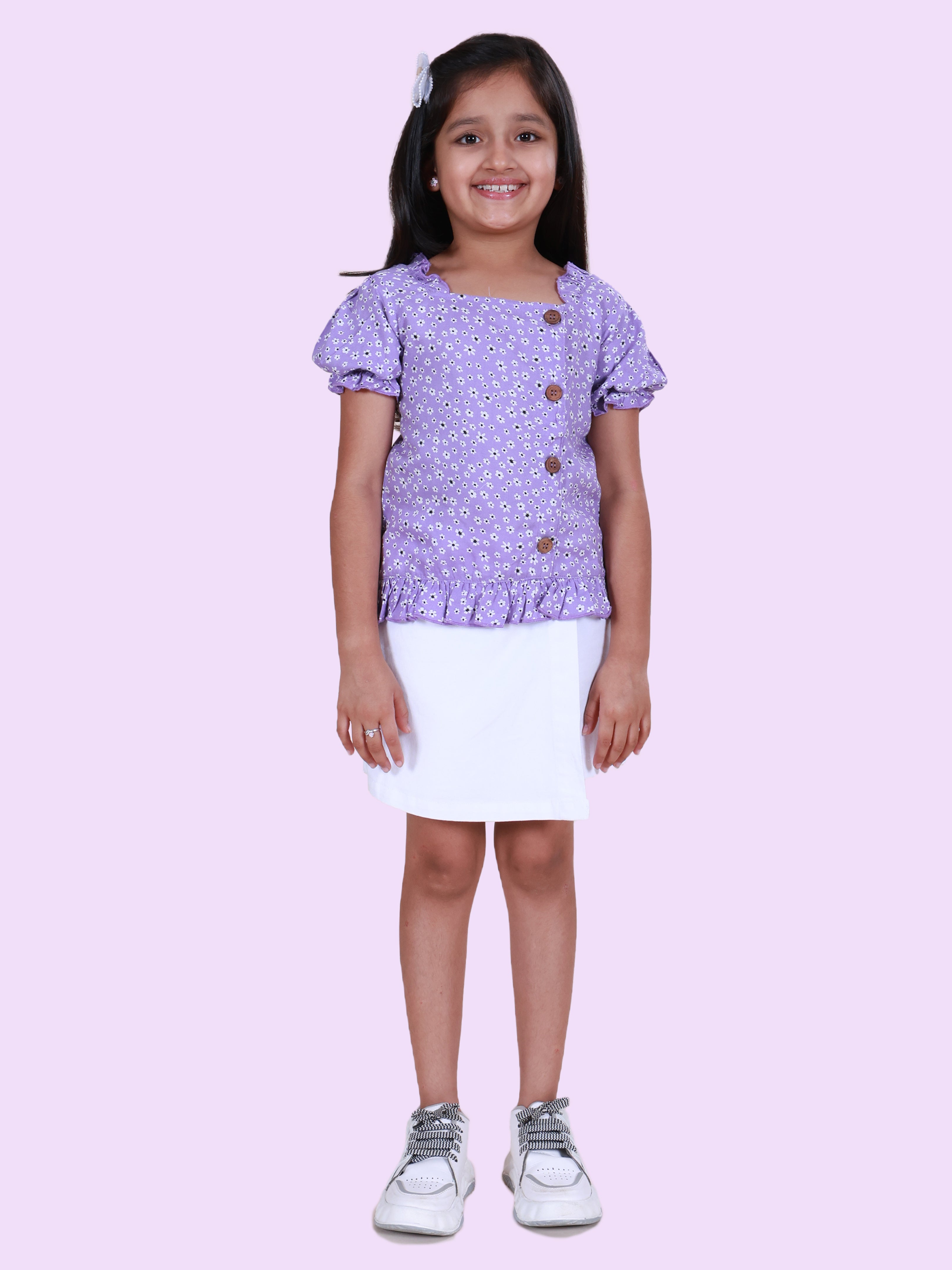 Girls Rayon Woven Puff Sleeves Floral Printed Top & Cotton Woven Solid Over Lap Skort Co-Ord Set