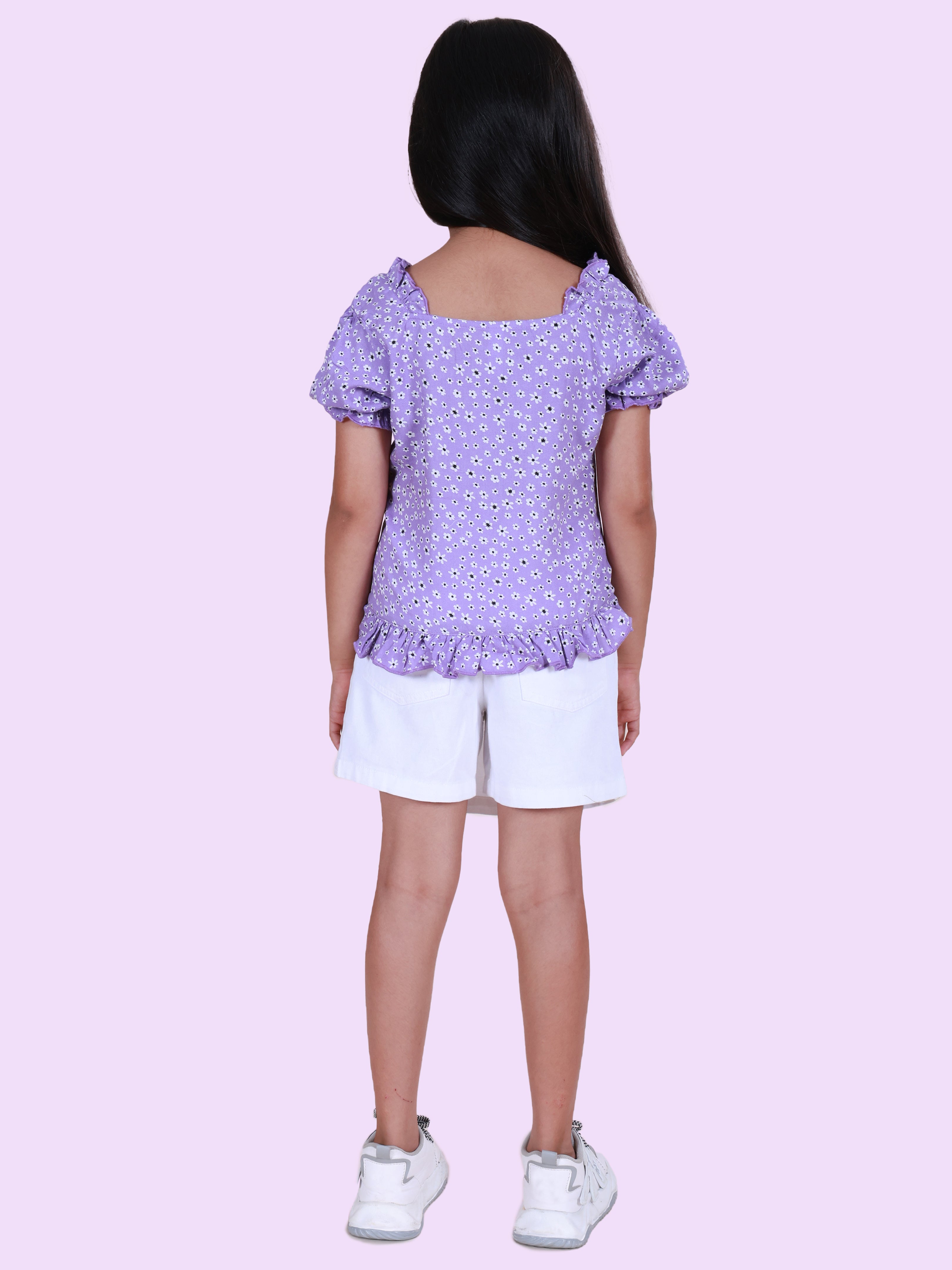 Girls Rayon Woven Puff Sleeves Floral Printed Top & Cotton Woven Solid Over Lap Skort Co-Ord Set