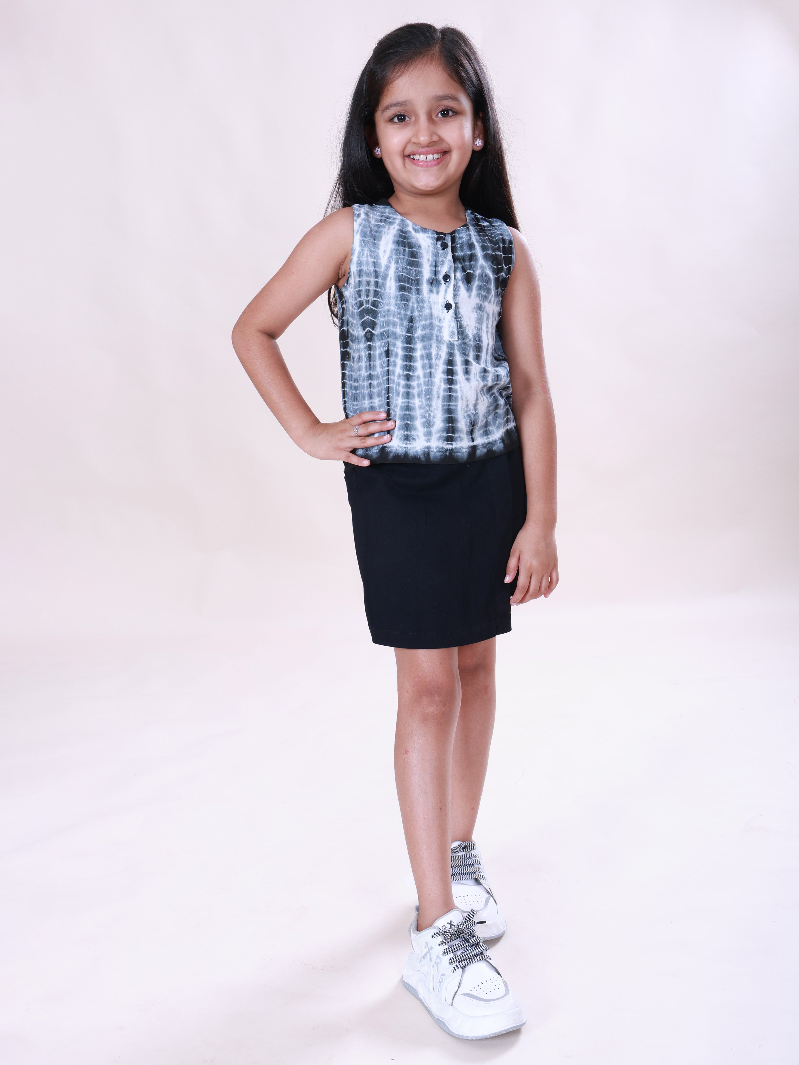Girls Rayon Woven Sleeveless Tie-Die Printed Top & Cotton Woven Solid Over Lap Skort Co-Ord Set