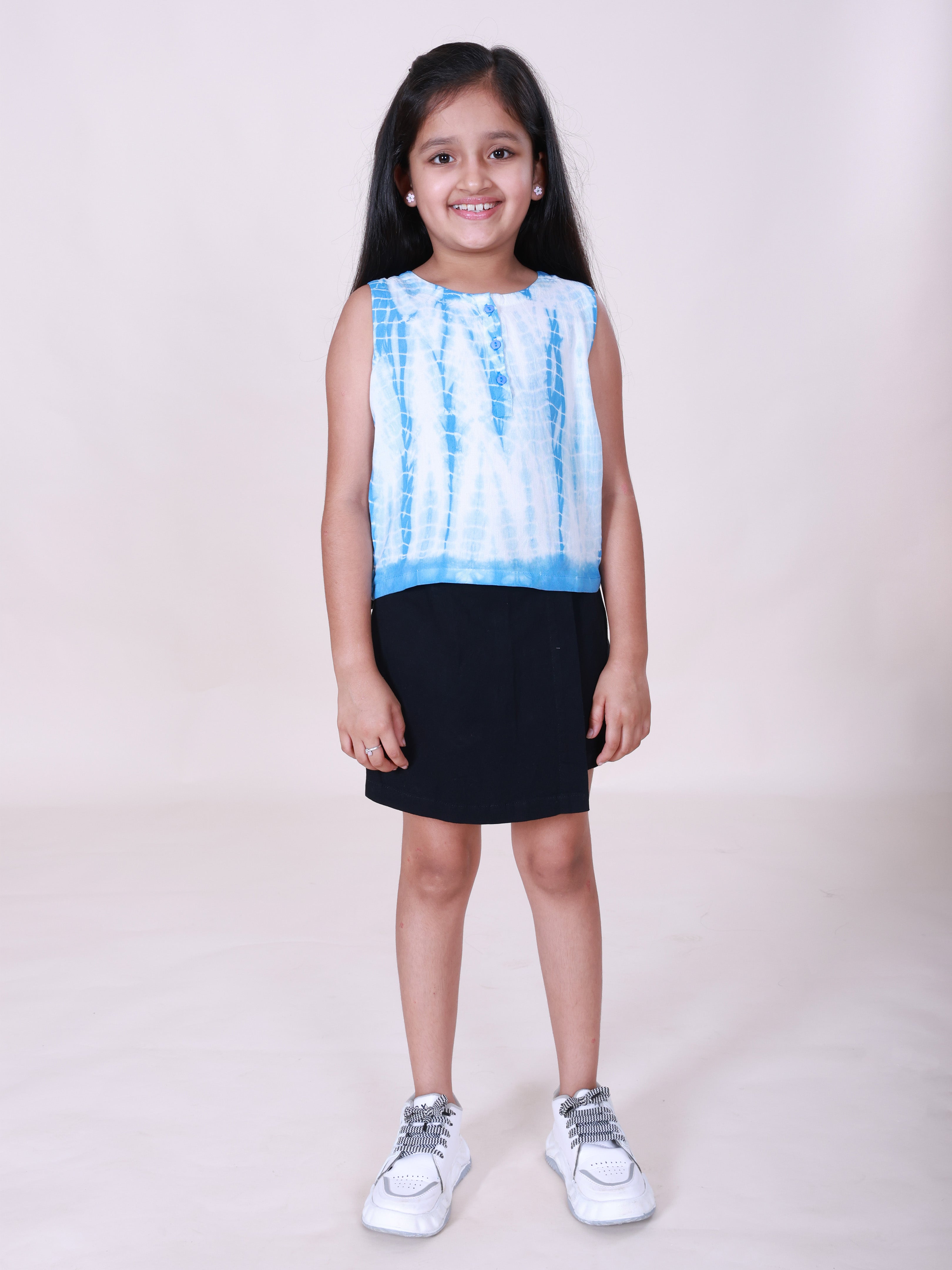 Girls Rayon Woven Sleeveless Tie-Die Printed Top & Cotton Woven Solid Over Lap Skort Co-Ord Set
