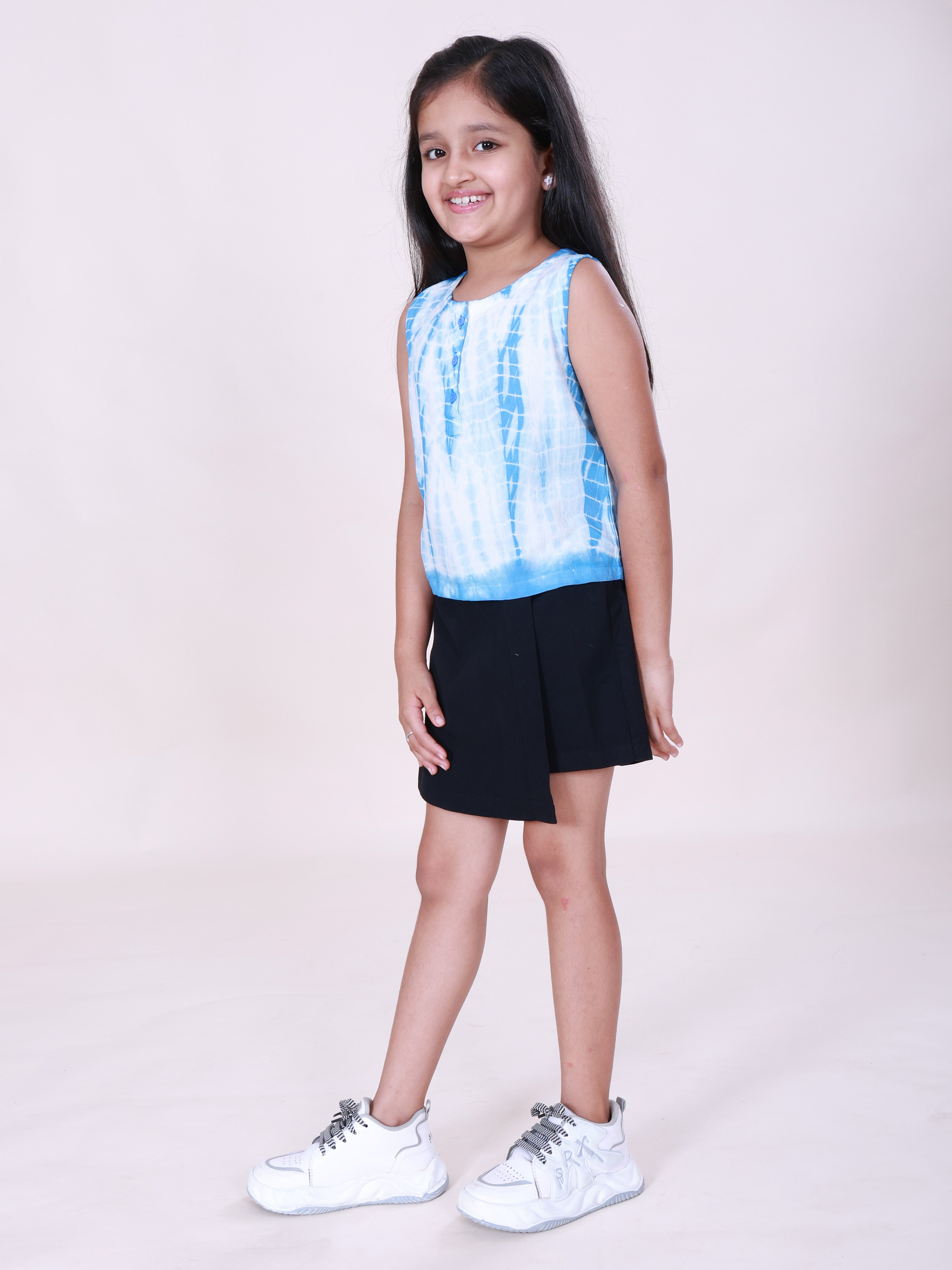 Girls Rayon Woven Sleeveless Tie-Die Printed Top & Cotton Woven Solid Over Lap Skort Co-Ord Set