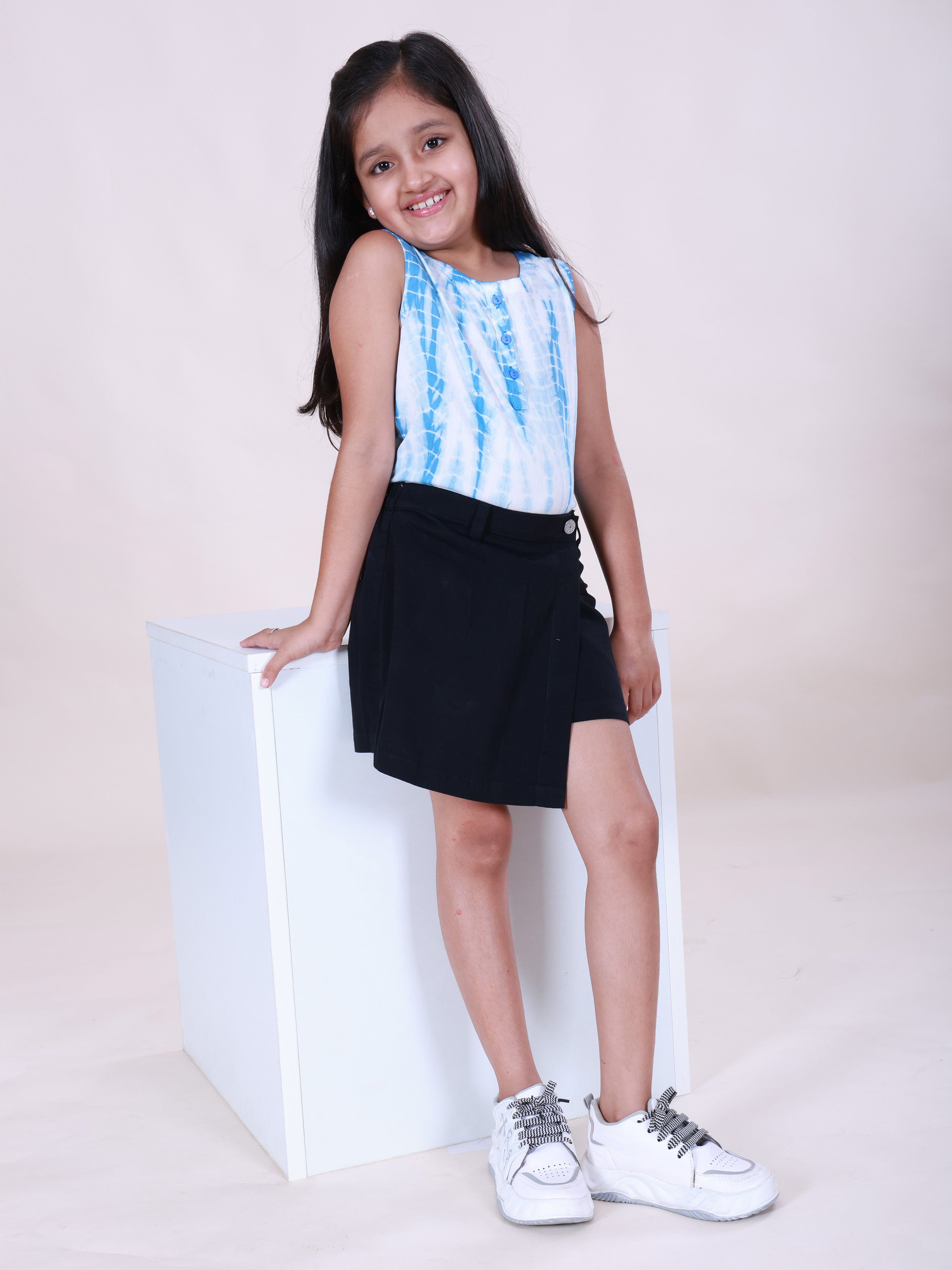 Girls Rayon Woven Sleeveless Tie-Die Printed Top & Cotton Woven Solid Over Lap Skort Co-Ord Set