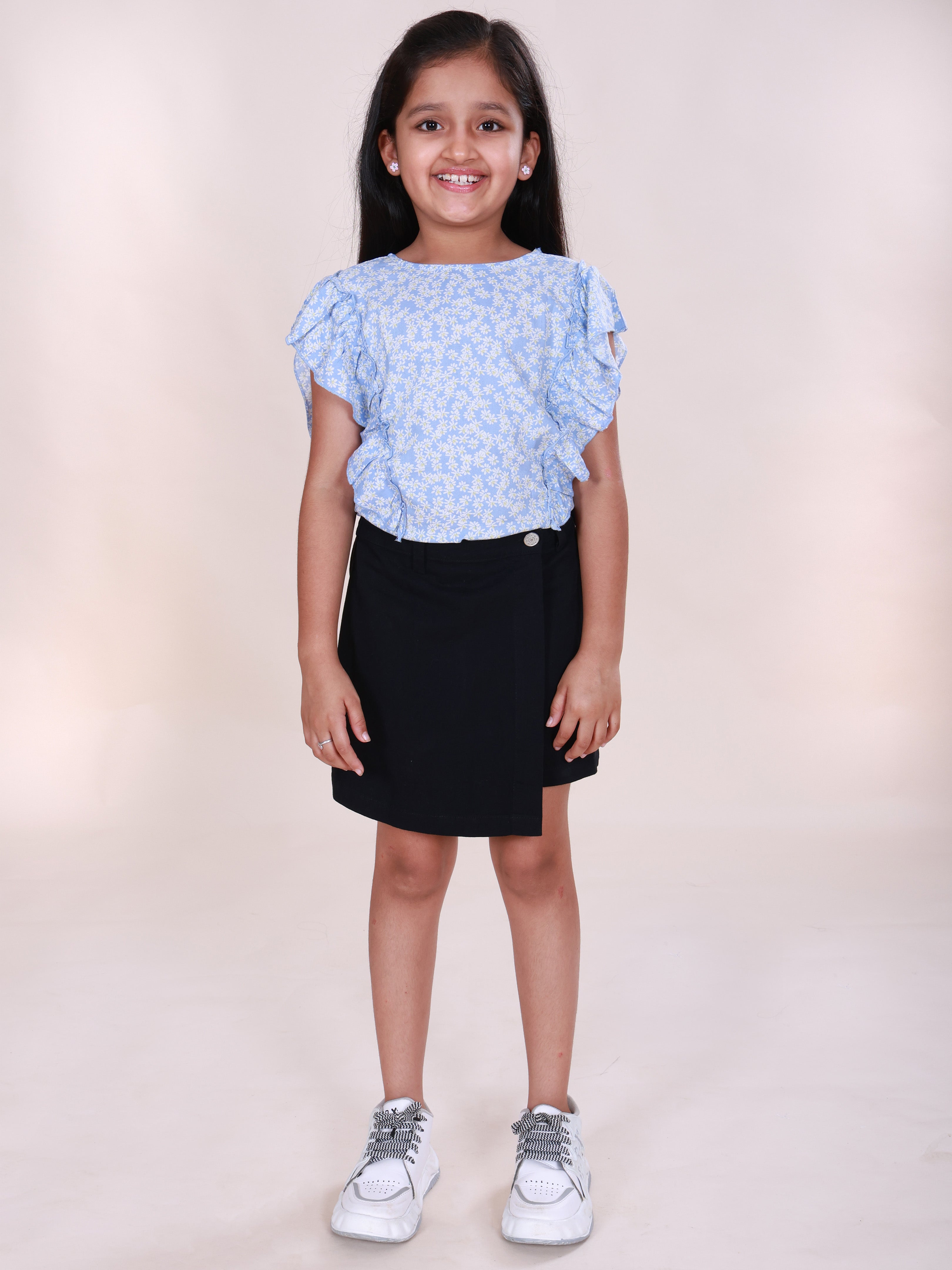 Girls Rayon Woven Frill Sleeves Floral Printed Top & Cotton Woven Solid Over Lap Skort Co-Ord Set