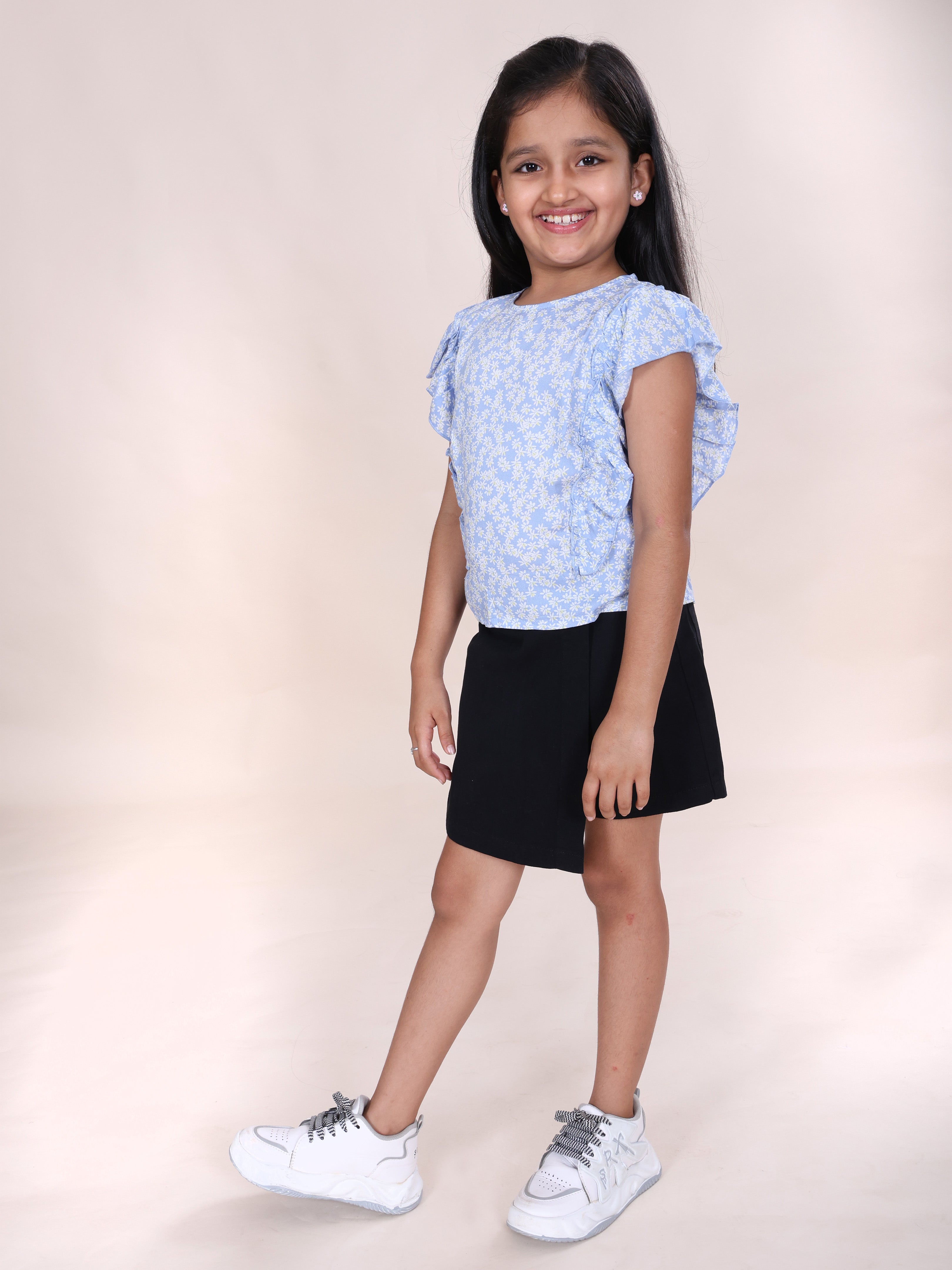 Girls Rayon Woven Frill Sleeves Floral Printed Top & Cotton Woven Solid Over Lap Skort Co-Ord Set