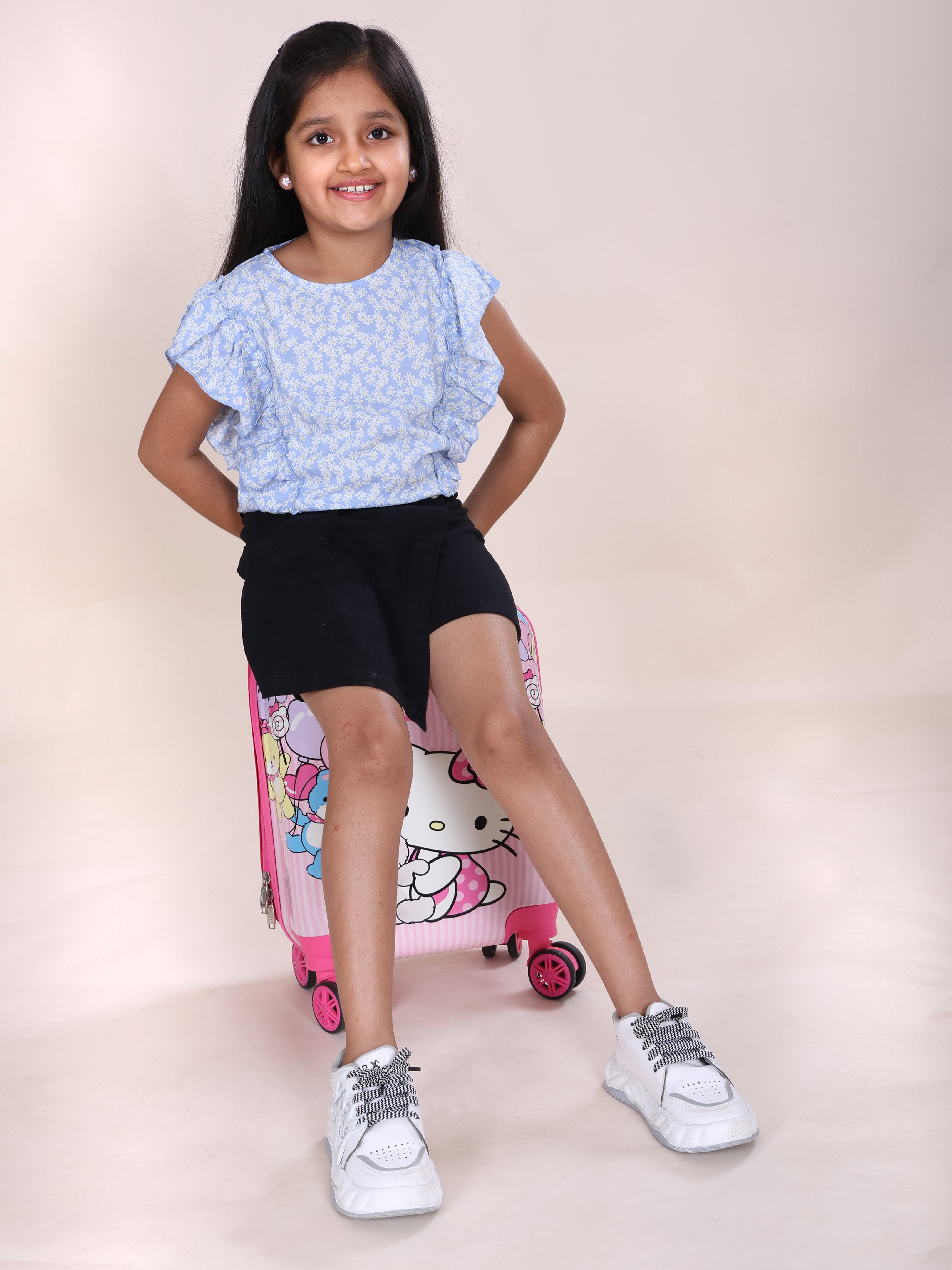 Girls Rayon Woven Frill Sleeves Floral Printed Top & Cotton Woven Solid Over Lap Skort Co-Ord Set