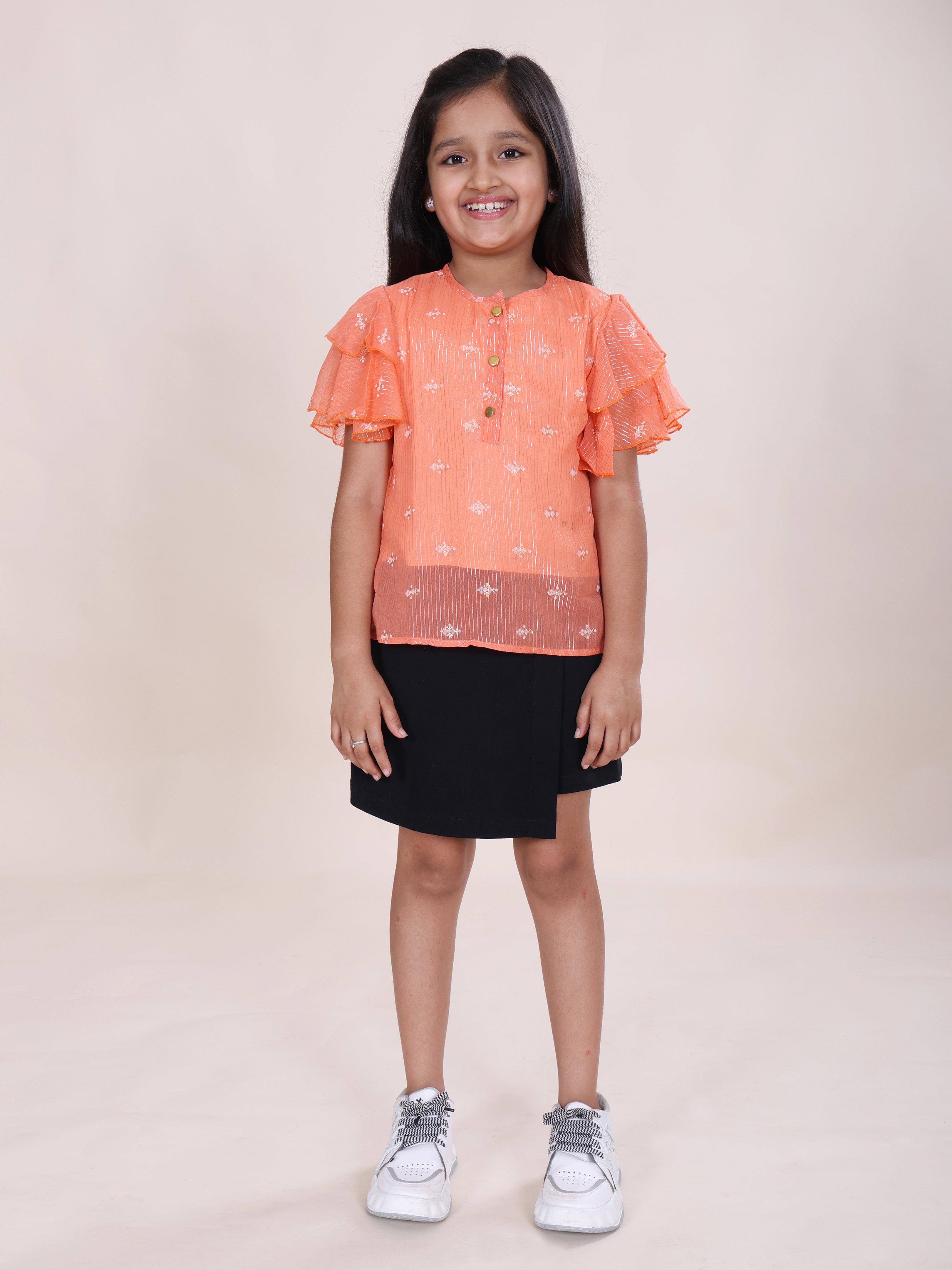 Girls Rayon Woven Multi Layer Flounce Sleeves Floral Printed Top & Cotton Woven Solid Over Lap Skort Co Ord Set