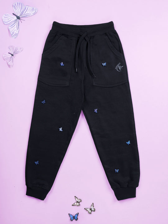 Girls Cotton Fleece Butterfly Applique Joggers