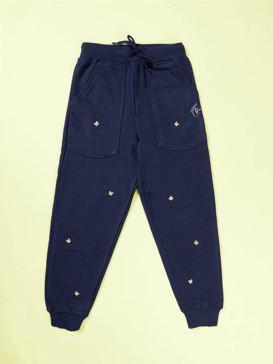 Girls Cotton Fleece Flower Beades Solid Joggers
