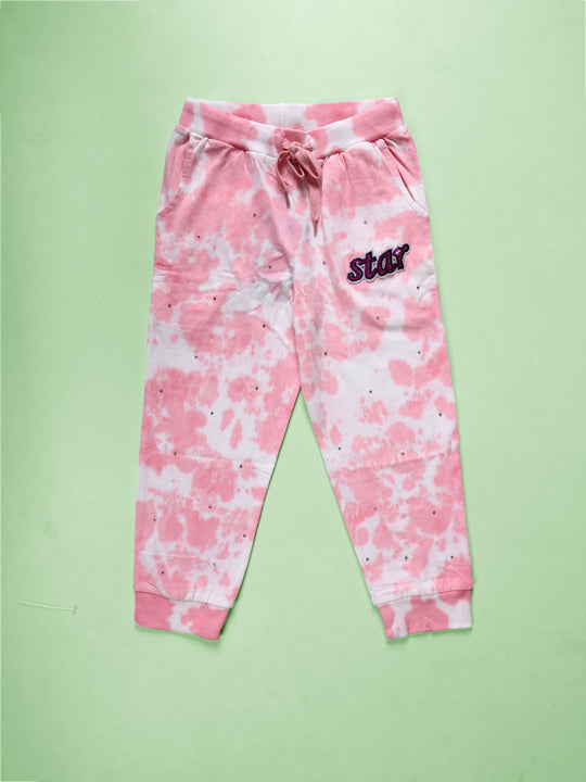 Kiddopanti Girls Cotton Knit Cloud effect Tie and Dye Track Pant with Rhinestone and Badge