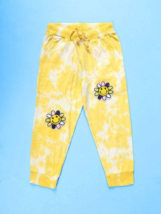 Kiddopanti Girls Cotton Knit Cloud effect Tie and Dye Track Pant with Rhinestone and Badge