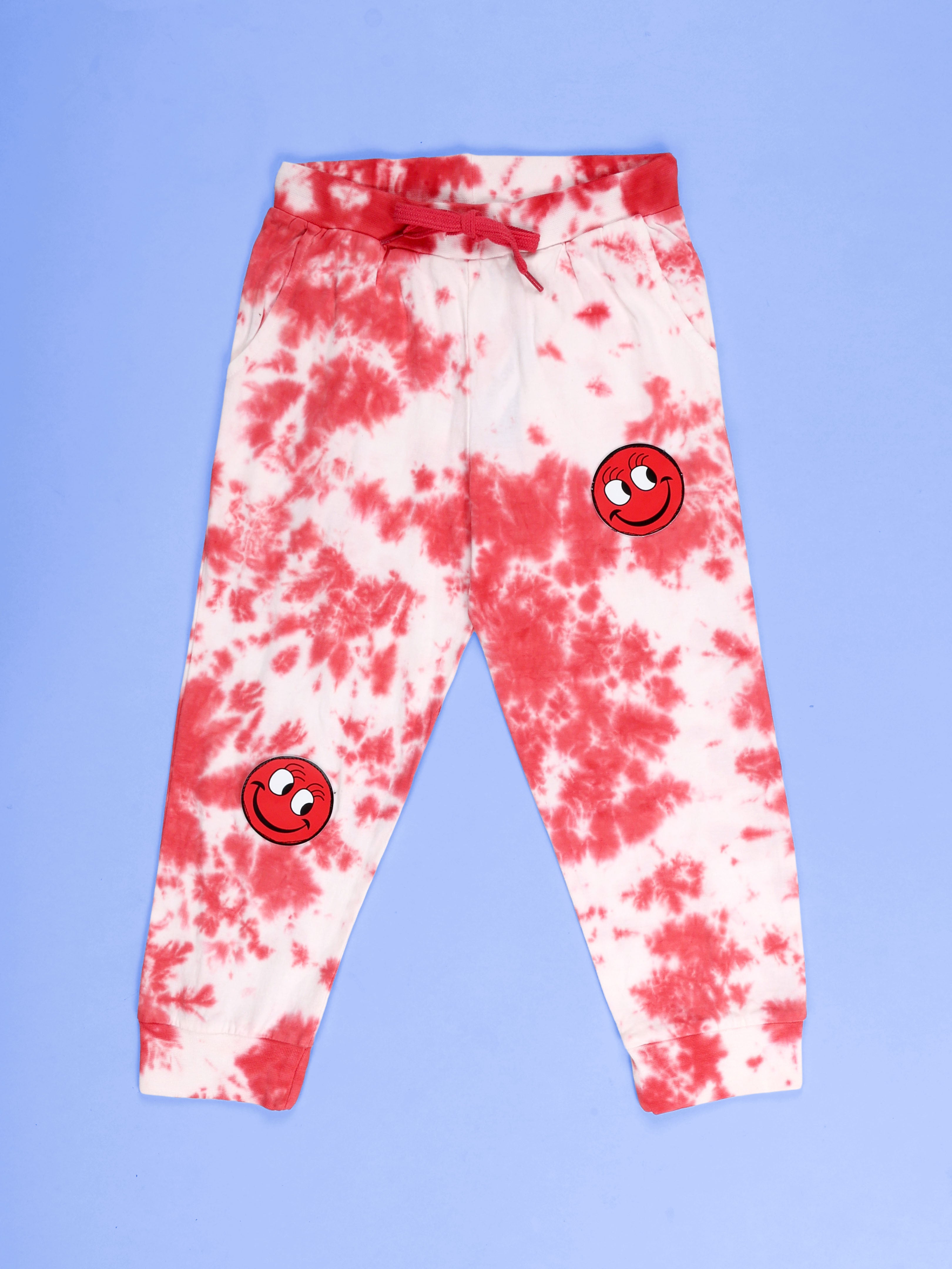 Kiddopanti Girls Cotton Knit Crumple Effect Tie and Dye Track Pant With Smileys