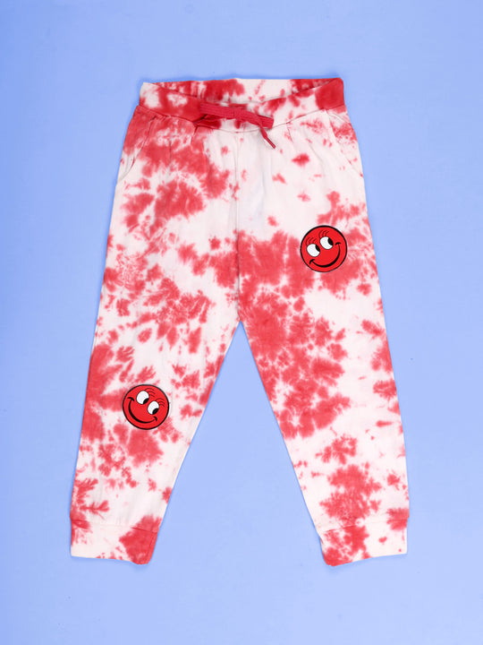 Kiddopanti Girls Cotton Knit Crumple Effect Tie and Dye Track Pant With Smileys