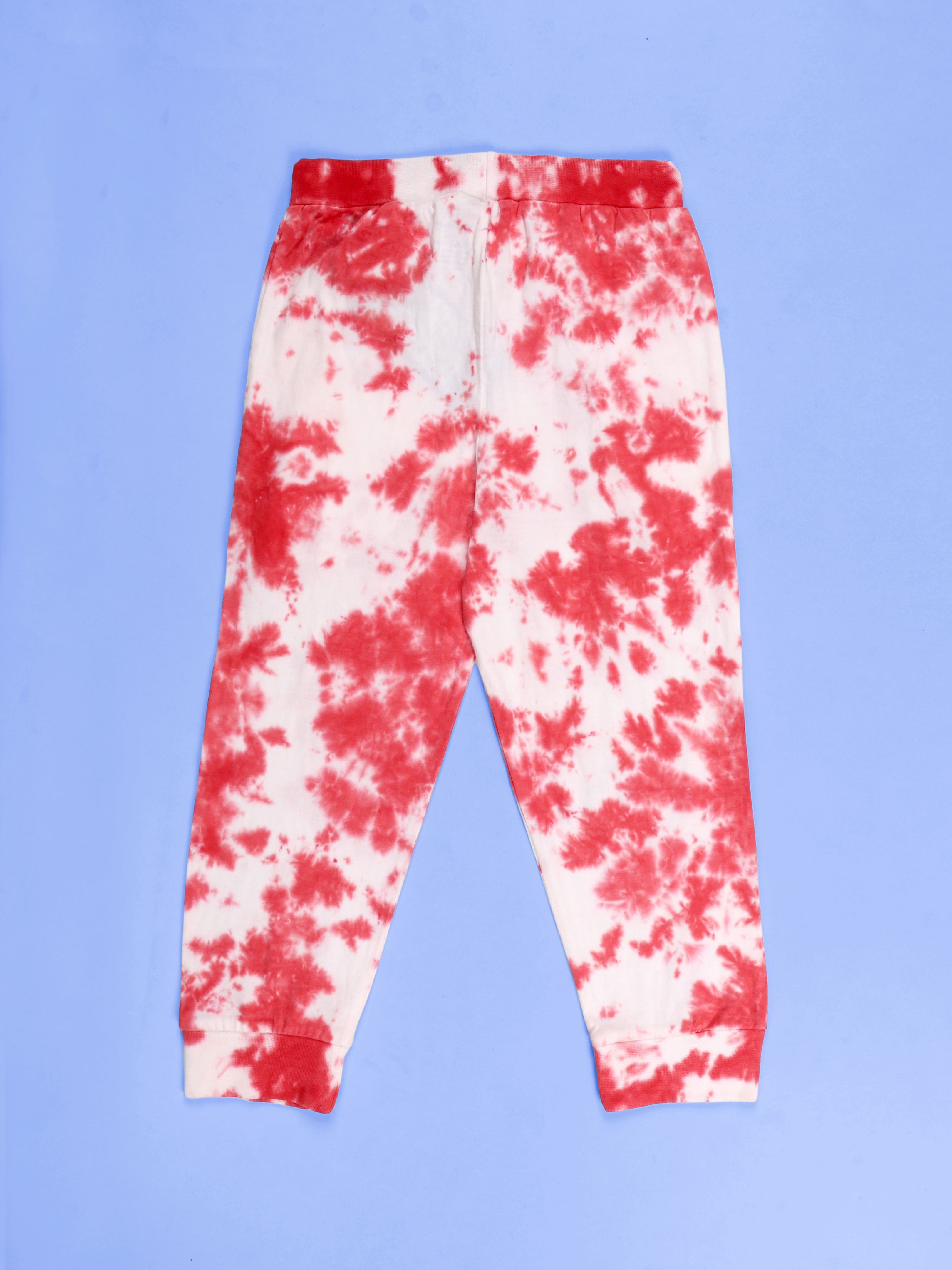 Kiddopanti Girls Cotton Knit Crumple Effect Tie and Dye Track Pant With Smileys