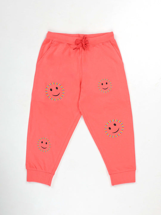 KiddoPanti Girls 100% Cotton Smileys Printed Track Pant