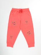 KiddoPanti Girls 100% Cotton Smileys Printed Track Pant - Coral / 2-3Y