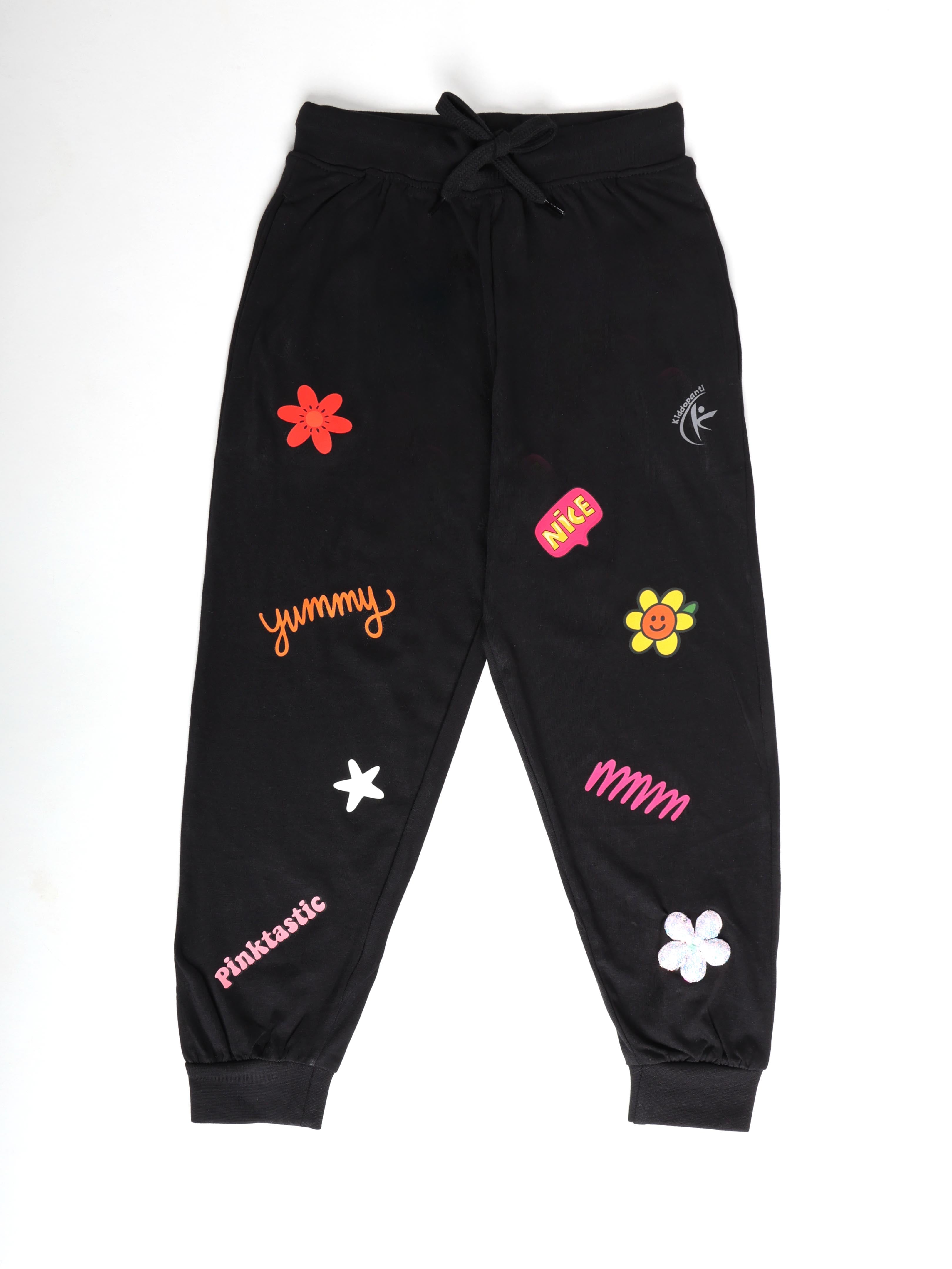 KiddoPanti Girls Cotton Printed Track Pant with Multi Badge Pack of 2